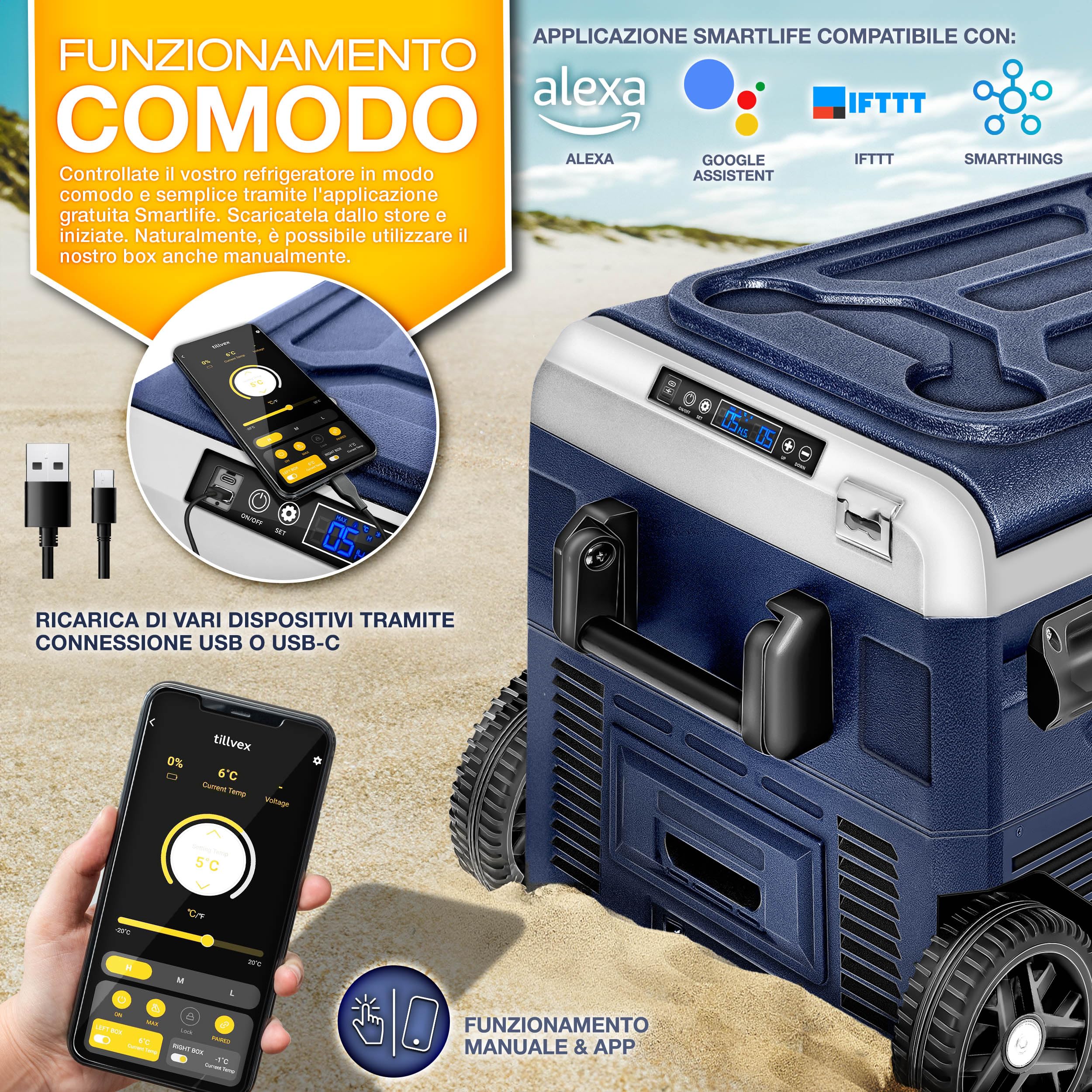 Tillvex Frigorifero Compressore Elettrico 50 Litri WIFI-APP 12/24V 230V -20°C Camper Camping