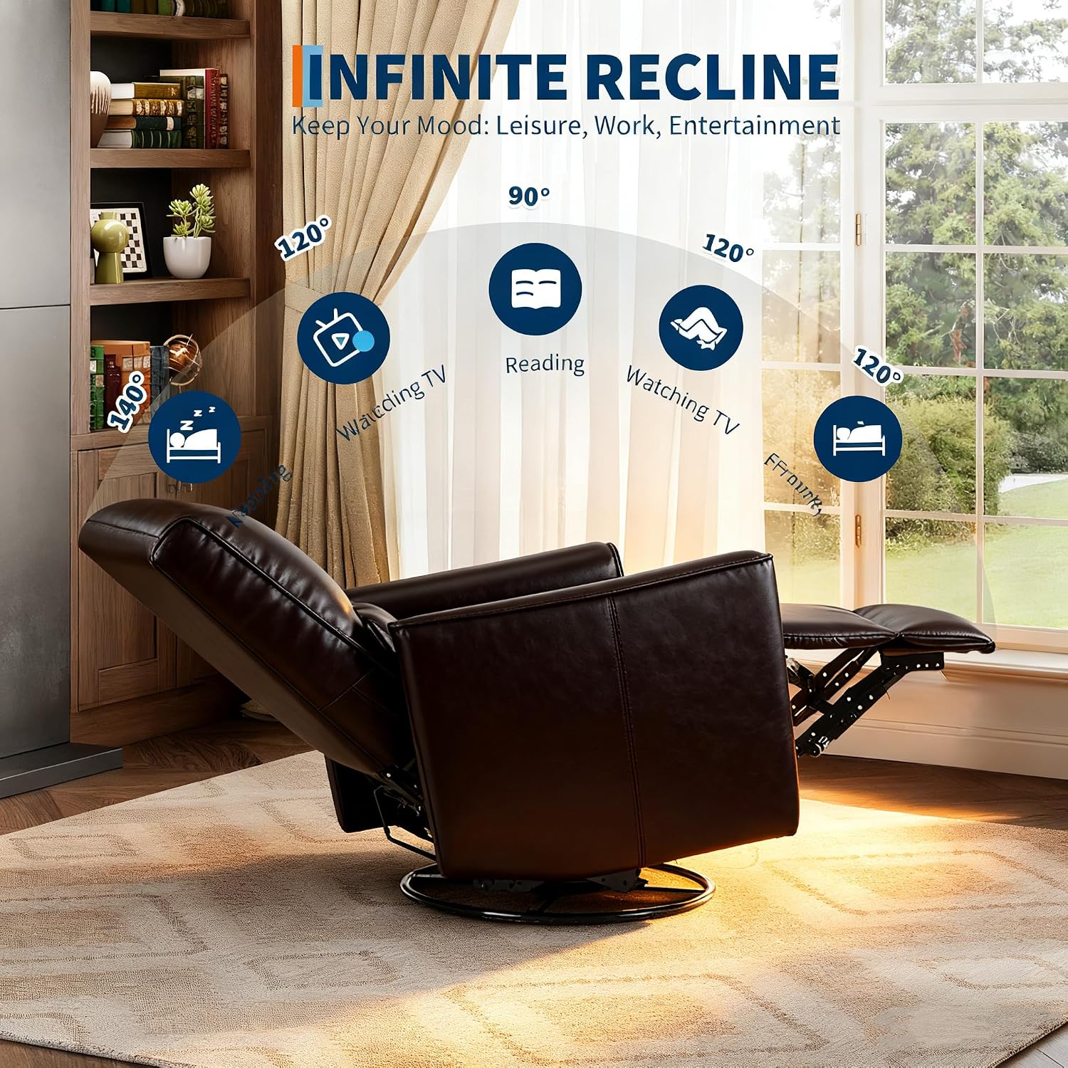 IDEALHOUSE Swivel Rocking Nursery Recliner Chair Rocker Recliner Glider Deep Seat PU Leather Sofa Chair with high Backrest for Nursery, Living Room, Bedroom & Home Movie Theater (Dark Brown)