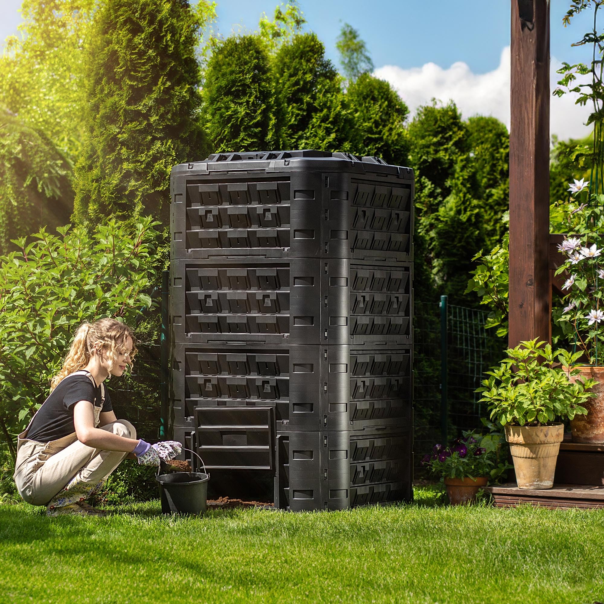 KADAX Compostador modular para residuos de jardín, compostador de plástico, contenedor de compostaje con ventilación y riego, contenedor de compostaje rápido (negro 1250 L)