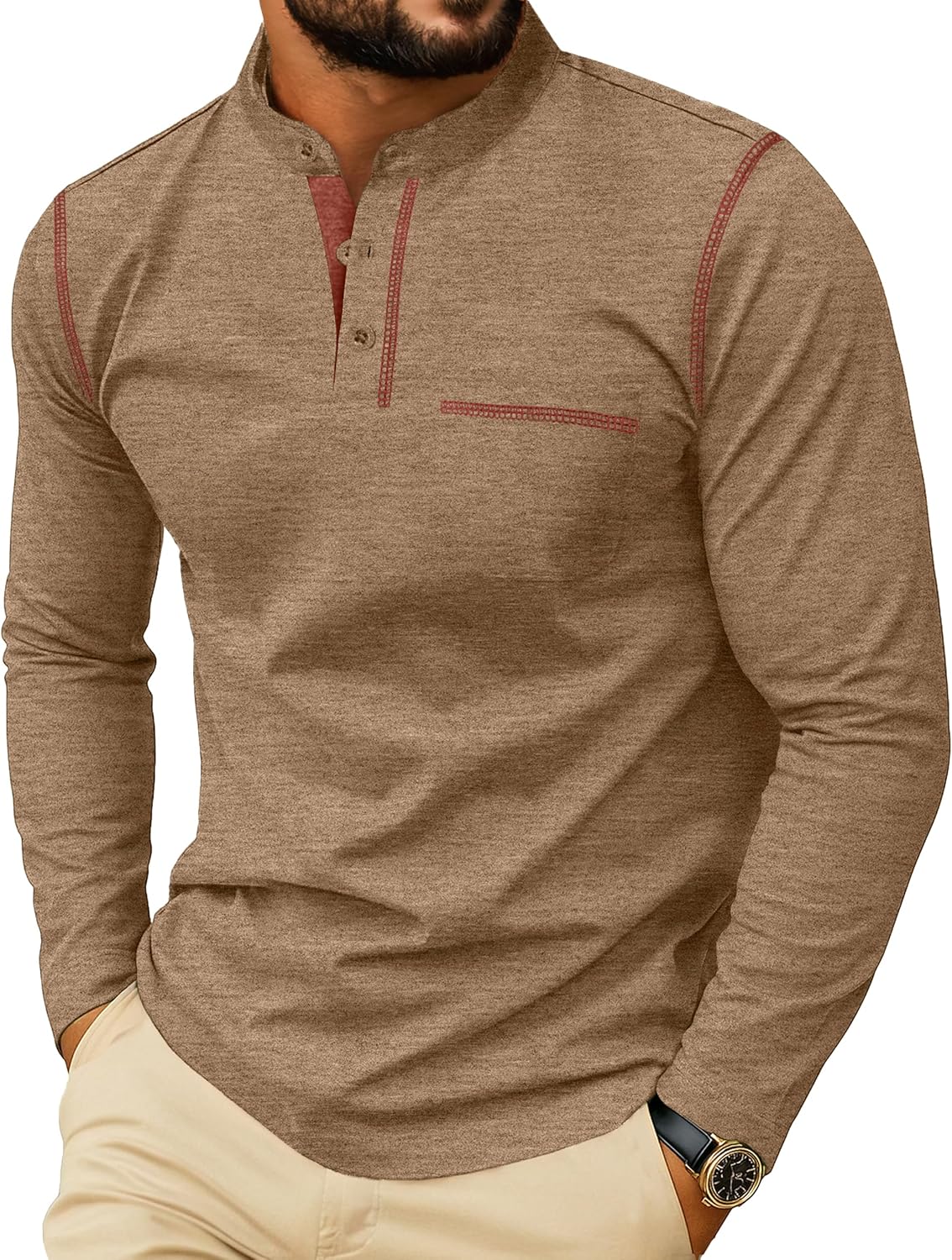 PrinStory Henley T-shirt voor heren met lange mouwen, casual pullover T- shirt voor mannen, donkergrijs, XL