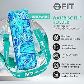 FIT Strong & Healthy Water Bottle Holder with Strap for Walking & Cleaning Brush Set - Insulated Water Bottle Carrier, Neoprene Sleeve with Adjustable Shoulder Strap & Silicone Brush (Blue Marble)