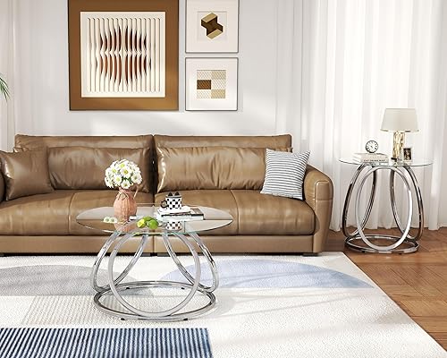 Miniatura 8 de Mesa de café plateada O&K FURNITURE, mesa de café moderna de cristal para sala de estar con marcos en forma de anillo, mesa de café de cristal para