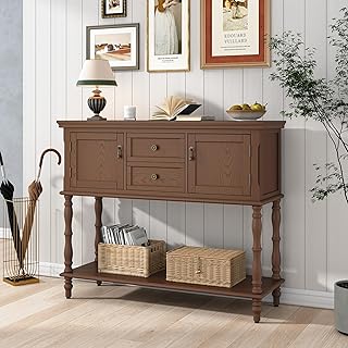 ARTPOWER Console Table for Entryway, Retro Wooden Entryway Table with Storage, with 2 Door & Drawers and Open Shelf, Behind Couch Sofa Table for Living Room, Foyer, Hallway, Brown