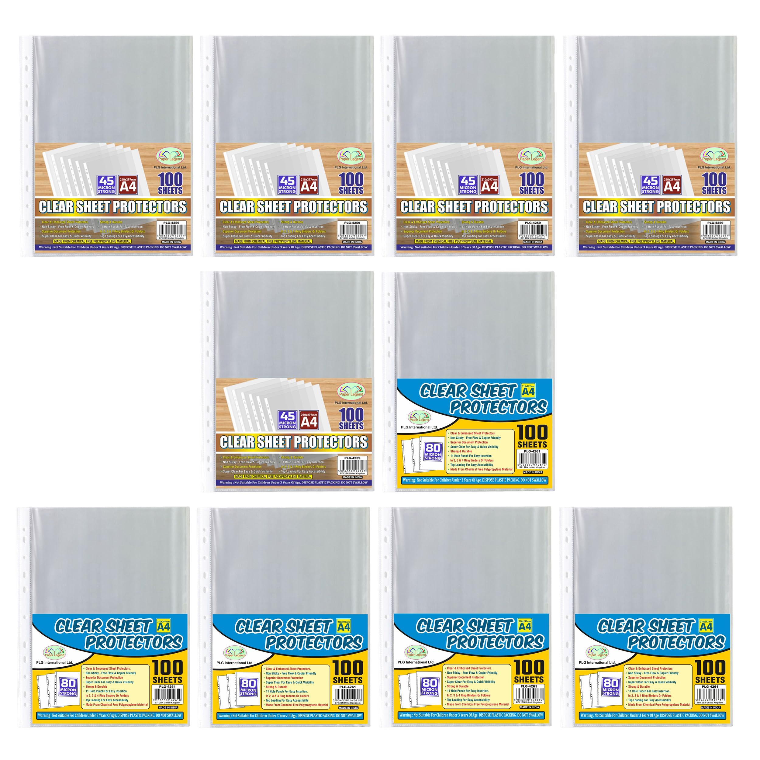 1000 Pcs x A4 Clear Plastic Punched Pockets Filing Folders Wallets Sleeves Home, Office and School Document Files Top Opening Poly Pockets for Ring Binder Folders (45 Micron + 80 Micron)