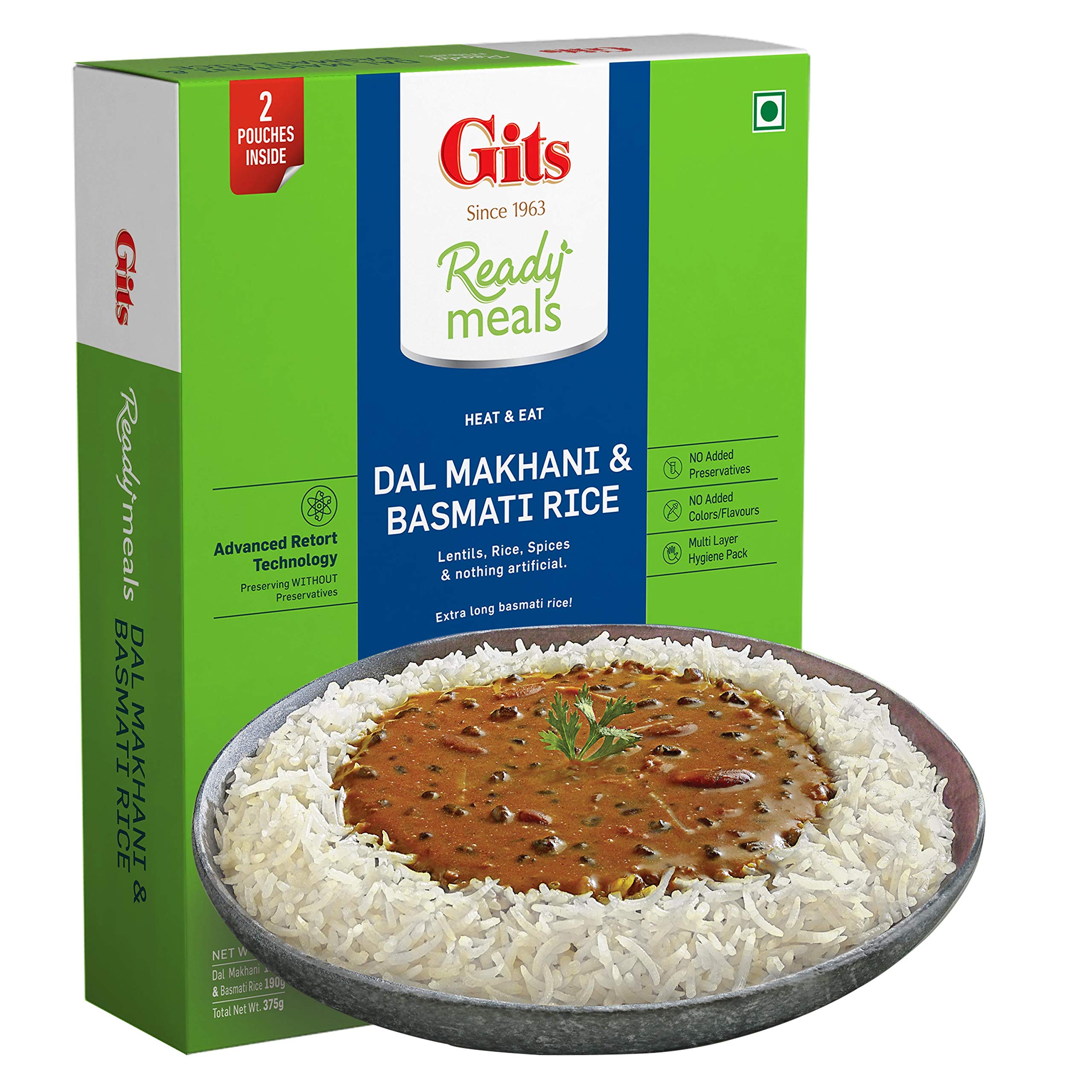 Gits Ready to Eat Basmati Rice + Dal Makhani Combo Meal, Pure Veg, Heat and Eat, 375g