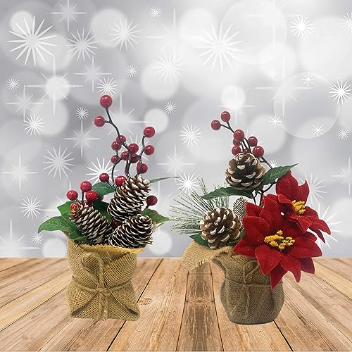 Miniatura 7 de BANBERRY DESIGNS Macetas florales de Navidad - Arreglos de mesa 10 pulgadas de alto, piñas y bayas, vegetación de arpillera cubiertas de bases..