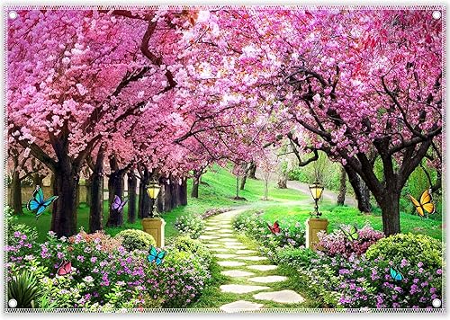 YCUCUEI Telón de fondo de fotografía de paisaje de primavera de 8 x 6 pies, flores de jardín, árbol, camino, paisaje, mujeres, niños, decoración de