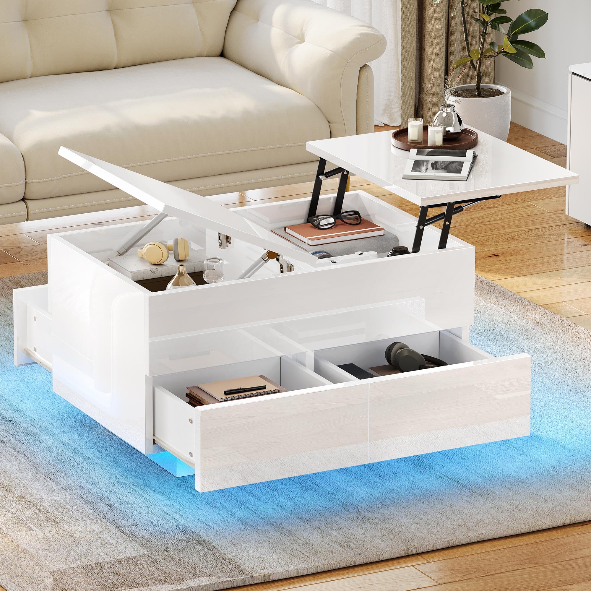 YITAHOME Mesa de Centro Elevable, Mesa Café con Almacenamiento y 4 Cajones, Mesas de Salón de Alto Brillo con LED de 16 Colores, Blanco, 80 x 55 x 46 cm