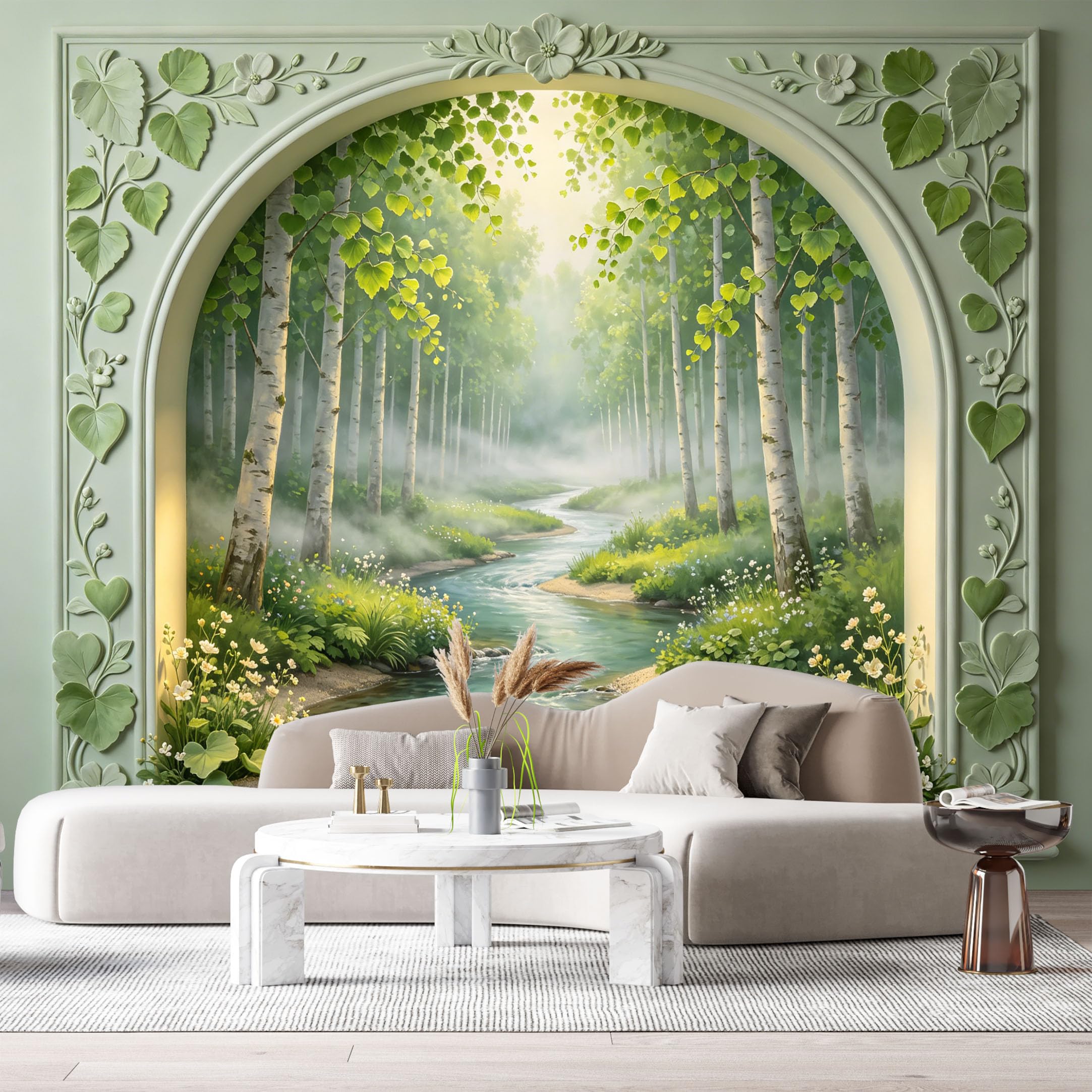 Custom Size Wall Murals Birch Forest River Landscape 3D Trompe L'Oeil SelfAdhesiveWall Fabric Removable Wallpaper Wall Decor for Living Room Bedroom Bathroom