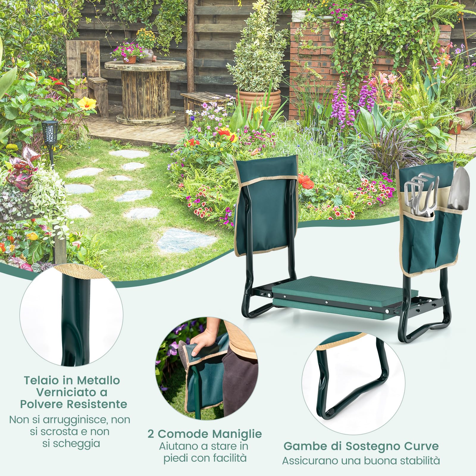 COSTWAY Inginocchiatoio da Giardino 2 in 1 Portatile e Pieghevole, Sgabello da Giardino con Inginocchiatoio e Borsa, Sedile per Giardinaggio da Inginocchiare e Sedere