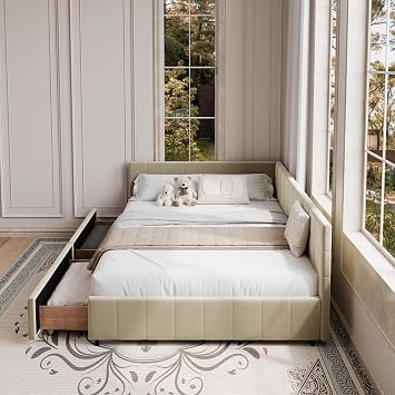DEINPPA Full L-Shape Corner Bed Frame with 2 Drawers, Velvet Upholstered Tufted Daybed with Slat, Floor Platform Bed with Soft Headboard for Bedroom Nook, No Box Spring Needed-Beige