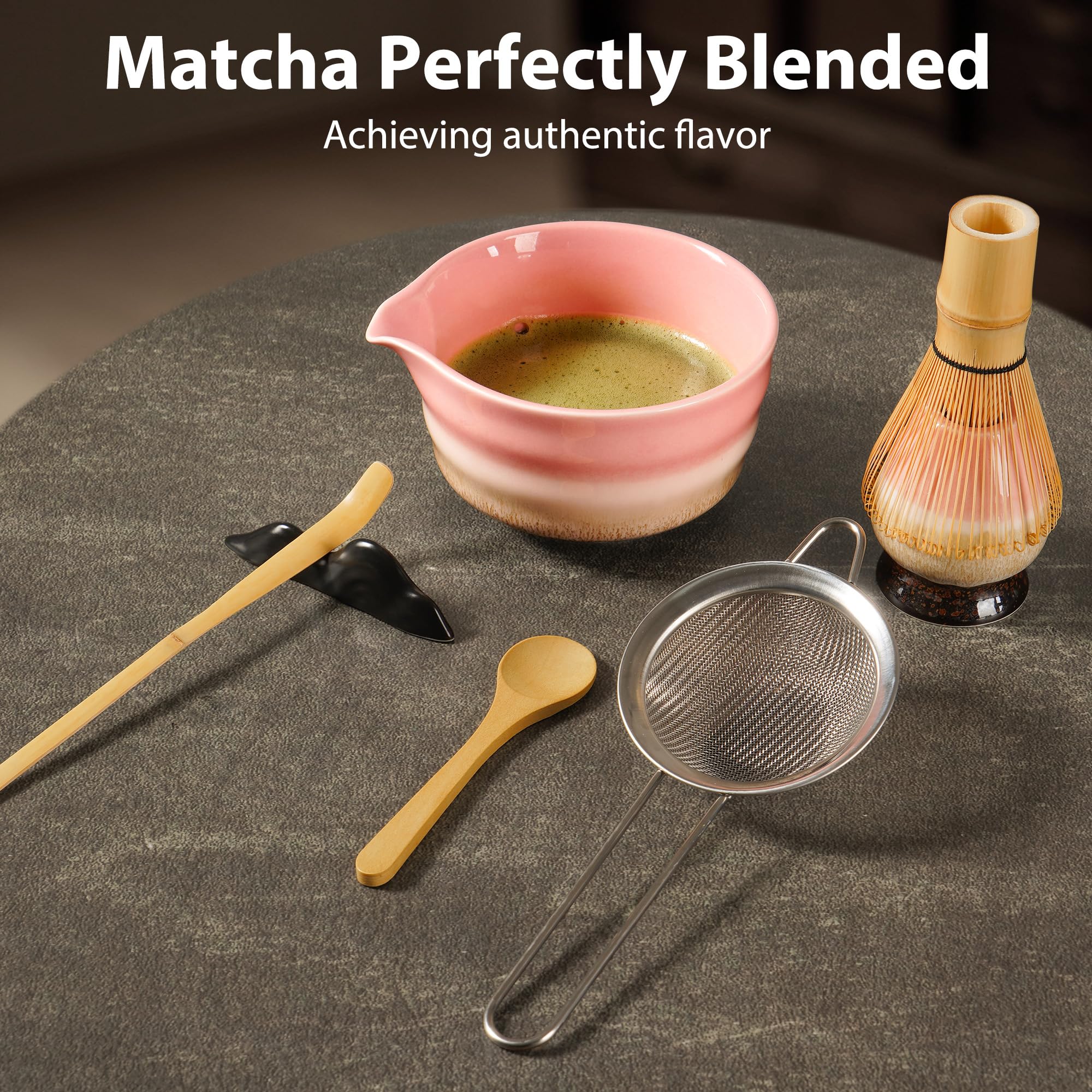 Matcha Kit para Principiantes - Set de 7 Piezas Incluye: Tazón (Chawan), Batidor de Bambú (Chasen), Cuchara, Tamiz, Soportes y Base - Kit de Té Matcha Artesanal