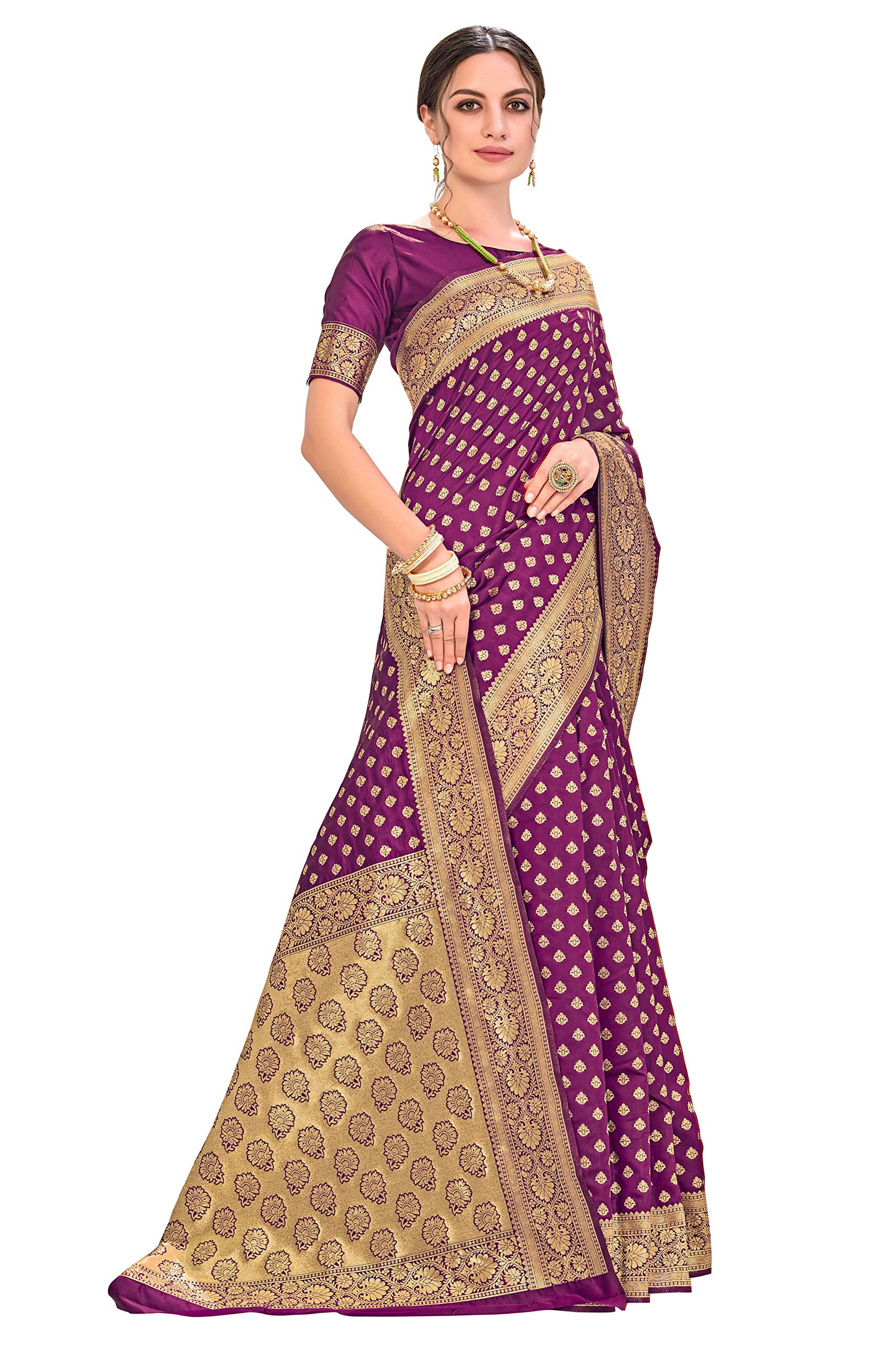 Glory Sarees Women's Woven Pure Soft Kanjivaram Silk Saree Banarasi Style With Blouse Piece for Wedding (kara128_Wine) 1