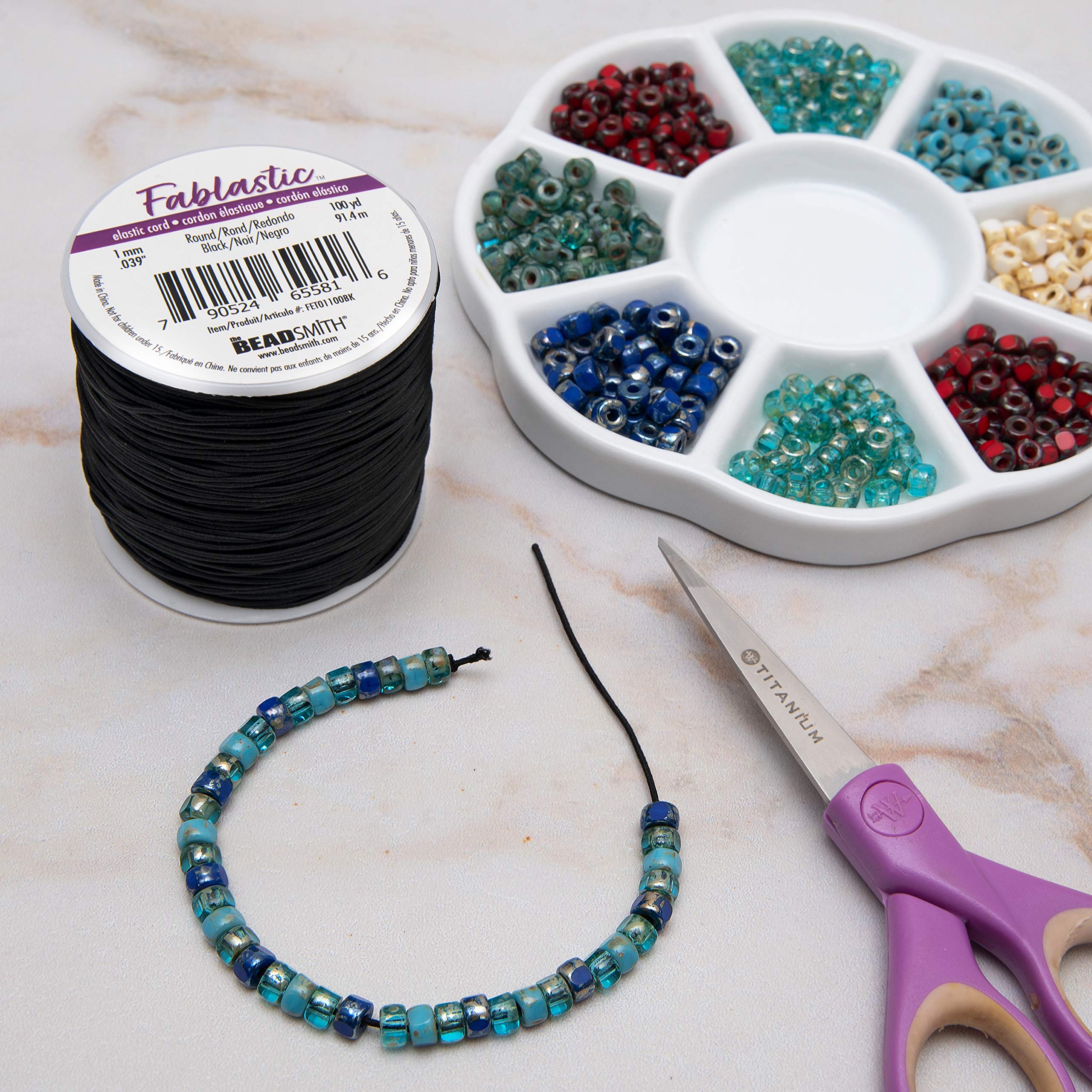 The Beadsmith Fablastic - Cuerda elástica redonda de 1 mm (0,039 pulgadas), color negro, carrete de 100 yardas (91,4 metros)