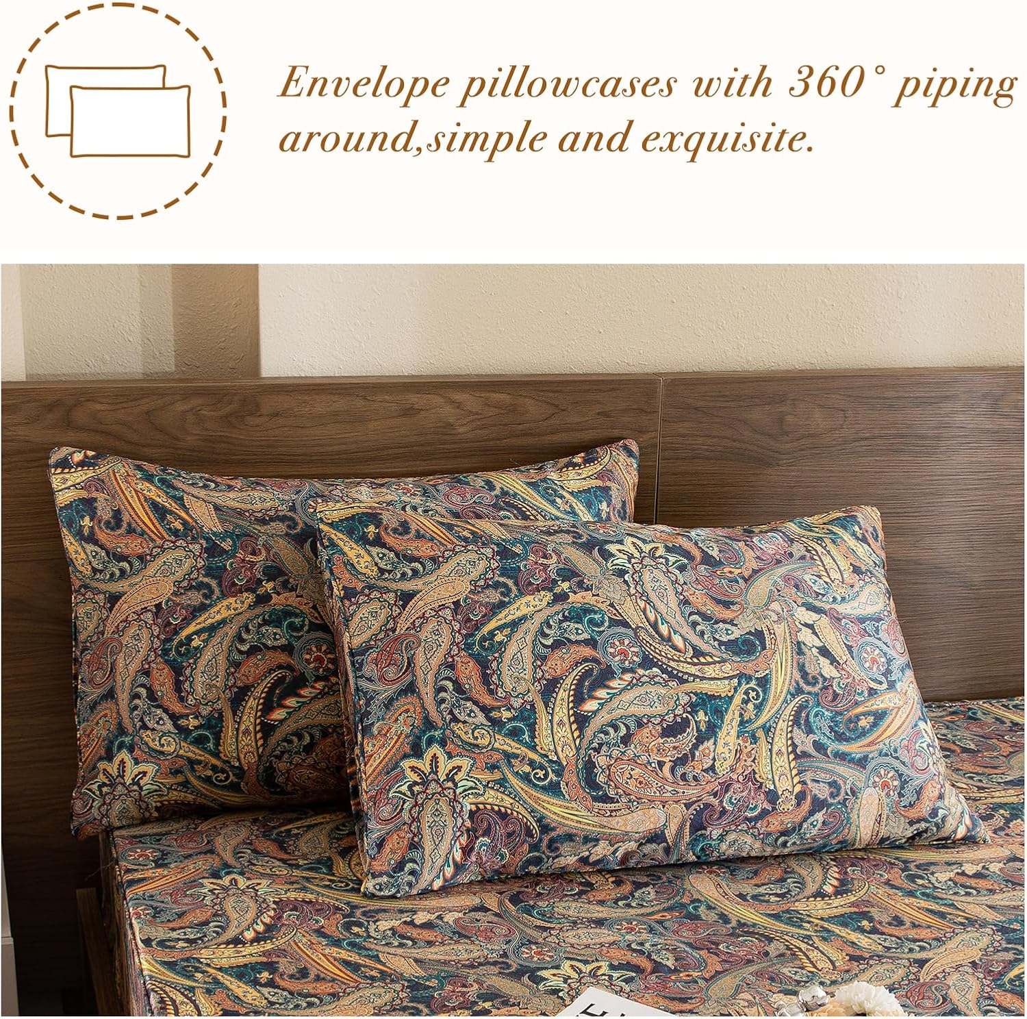 Lady Ann King Size Bed Sheets, 100% Egyptian Cotton Sheet Paisley Flower Pattern Printed 4 PCS Bedding Set- Super Soft, Silk-Like Feel Bed Sheet Set and Extra 17.5" Deep Pockets Bed Sheets