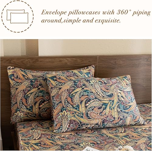 Miniatura 5 de Lady Ann Juego de sábanas bohemias de tamaño Queen, 100% algodón egipcio, estampado de flores de cachemira, juego de ropa de cama de 4 piezas, súper