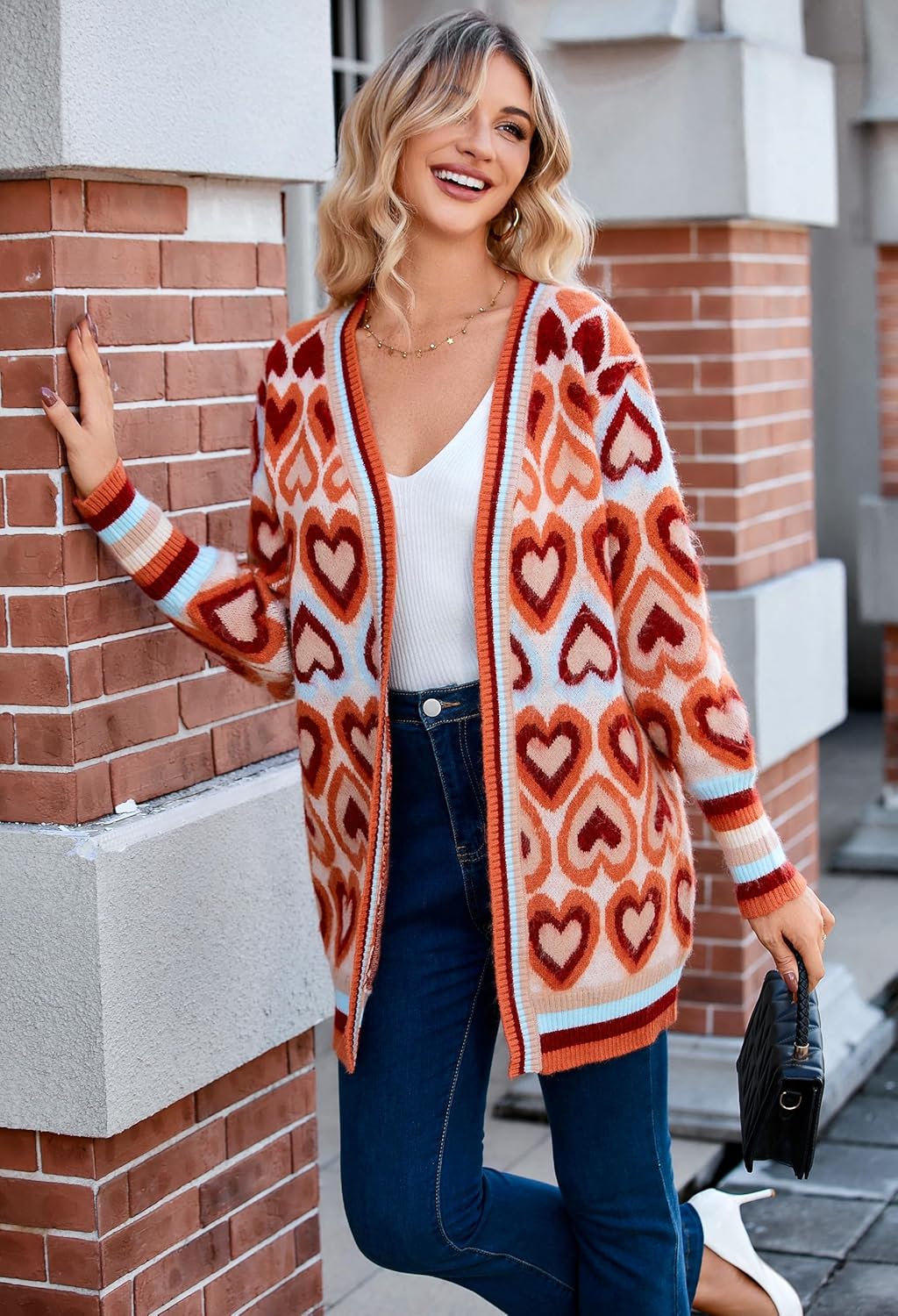 Chunky Cardigan Sweaters for Women Long Open Front Color Block Knitted Heart Cardigan Valentine Sweater - Image 4