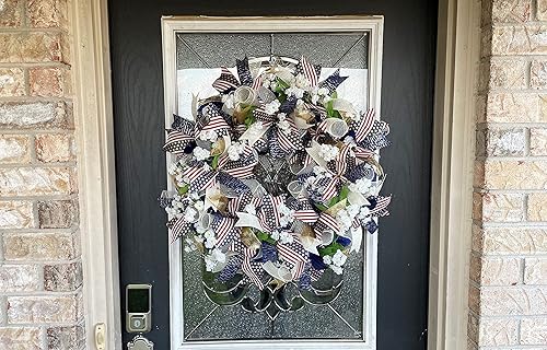 Miniatura 4 de Beautiful Patriotic Navy Blue Gold Cream 4th of July Floral Americana Style Front Door Deco Mesh Wreath, Memorial Day Everyday Decor, Home Porch