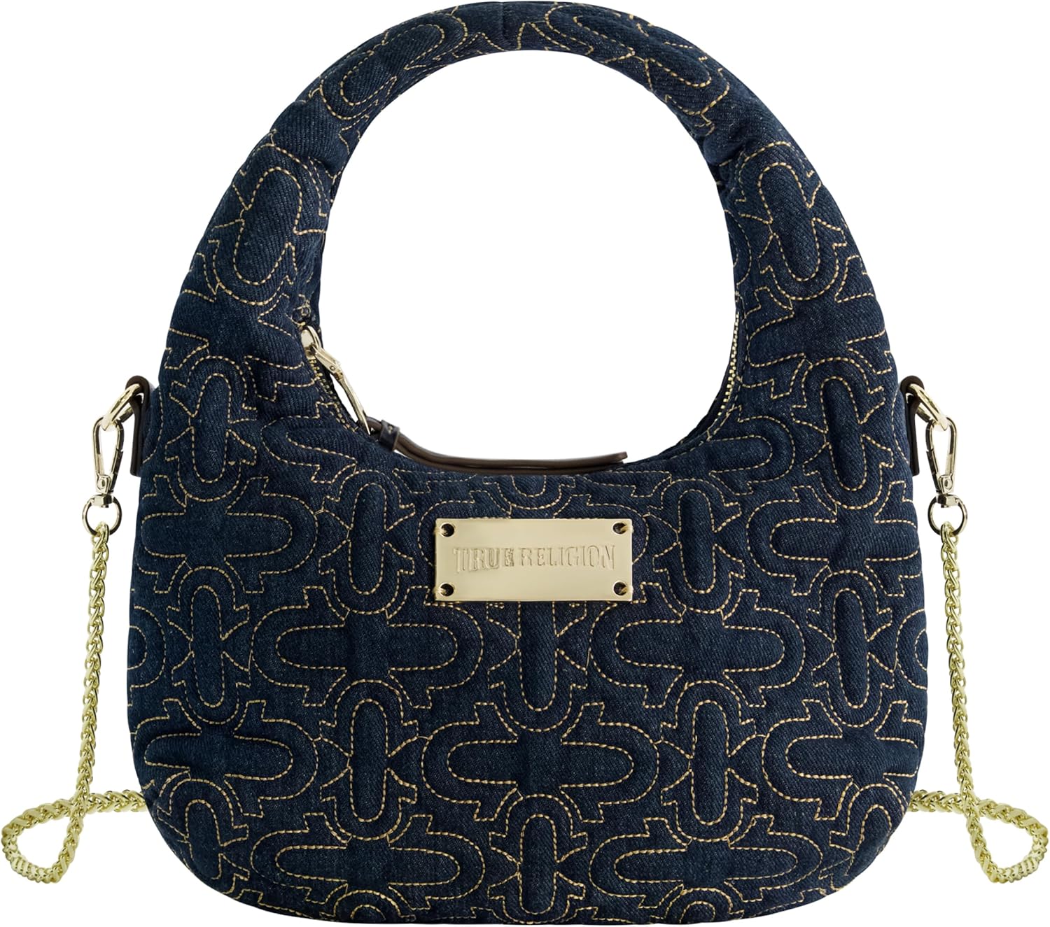 True Religion Hobo Bag, Women's Quilted Denim Handbag with Adjustable Shoulder Strap, Black