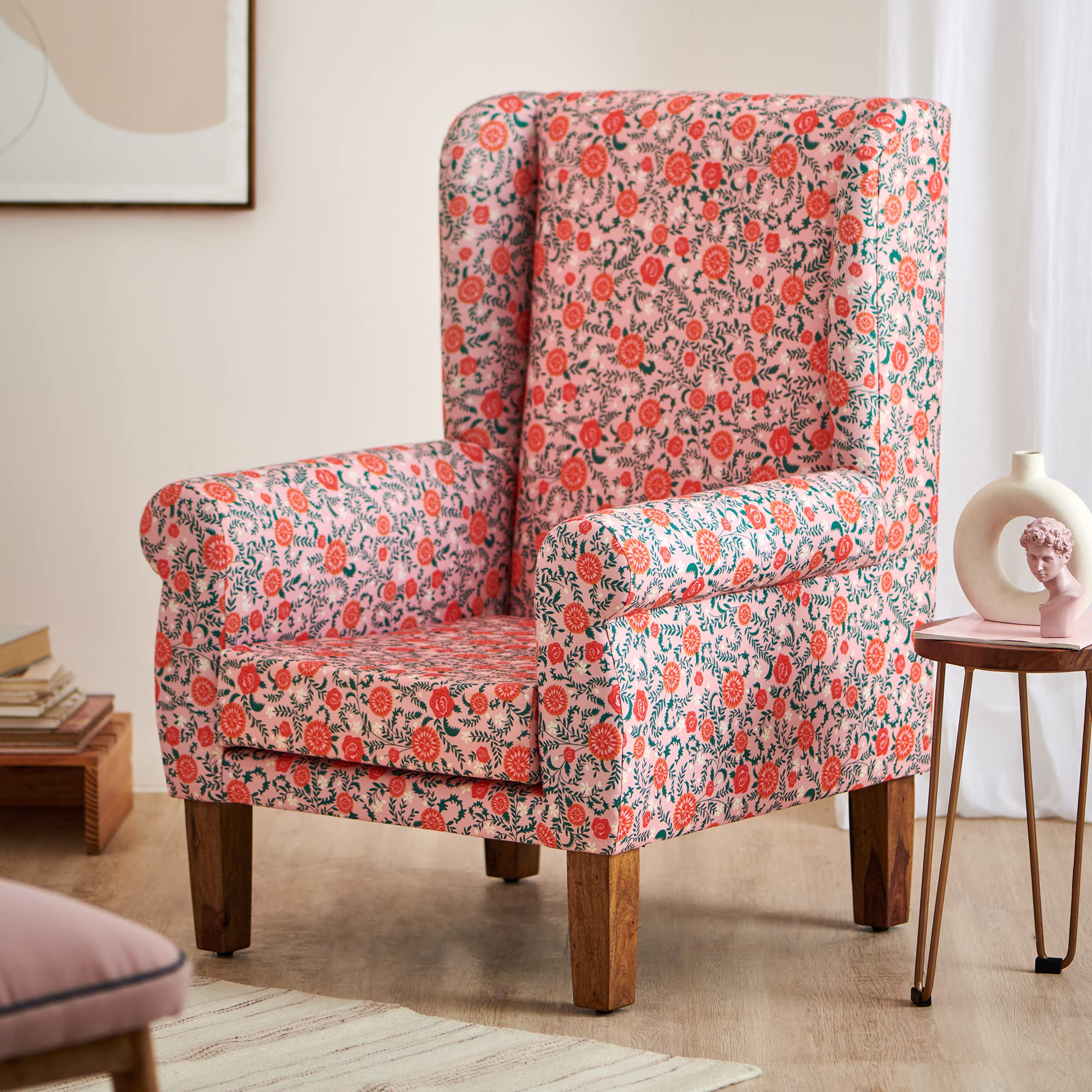 Chumbak Wing Chair, Accent Chair for Living Room, Bedroom, Wooden 1 Seater Sofa, Peach Floral Printed and Upholstered for Home Decor-image-48