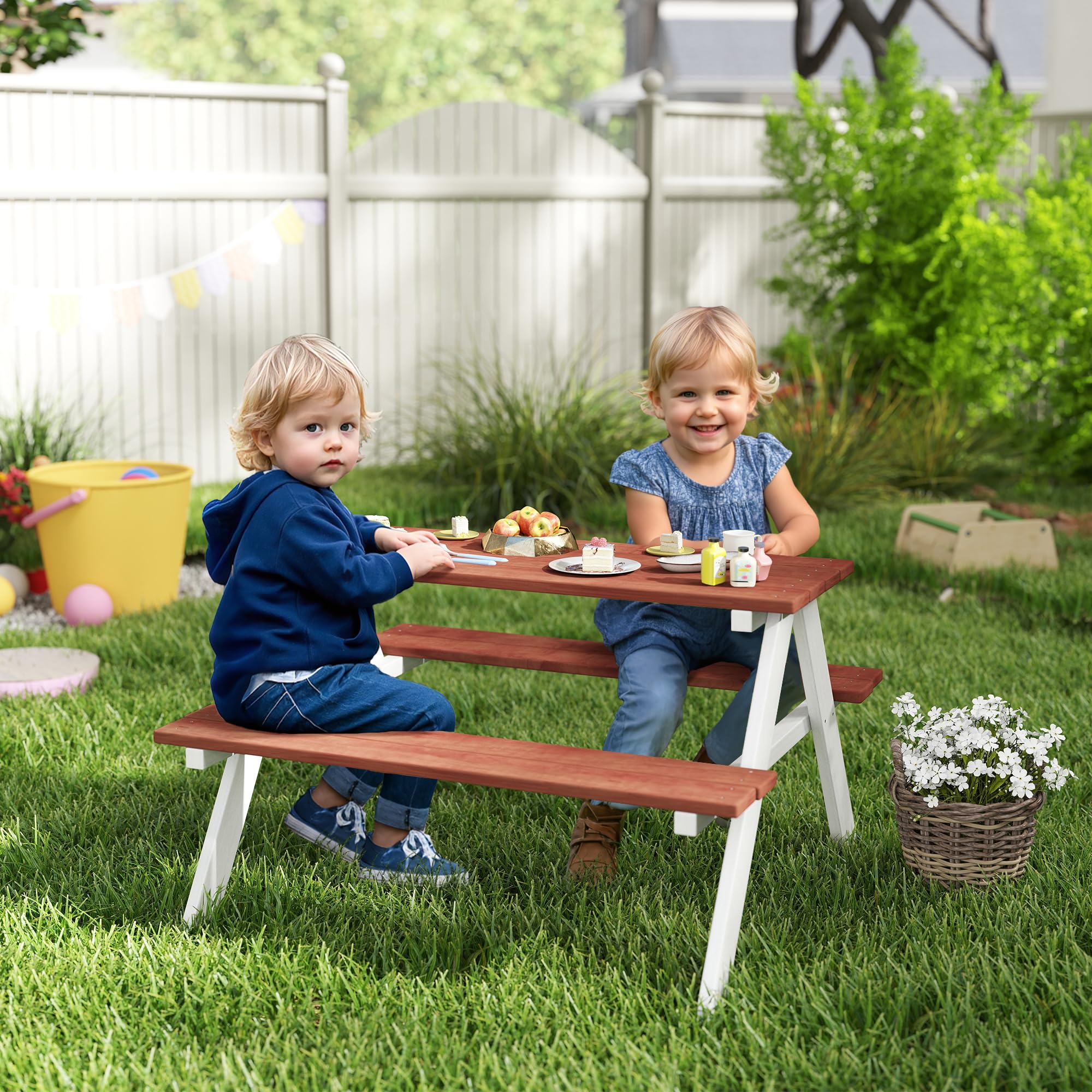 Outsunny Set Tavolo da Picnic per Bambini, Tavolo e Panche in Legno, Mobili da Giardino per Bambini, Giochi da Esterno, Età 3-8 Anni, Marrone