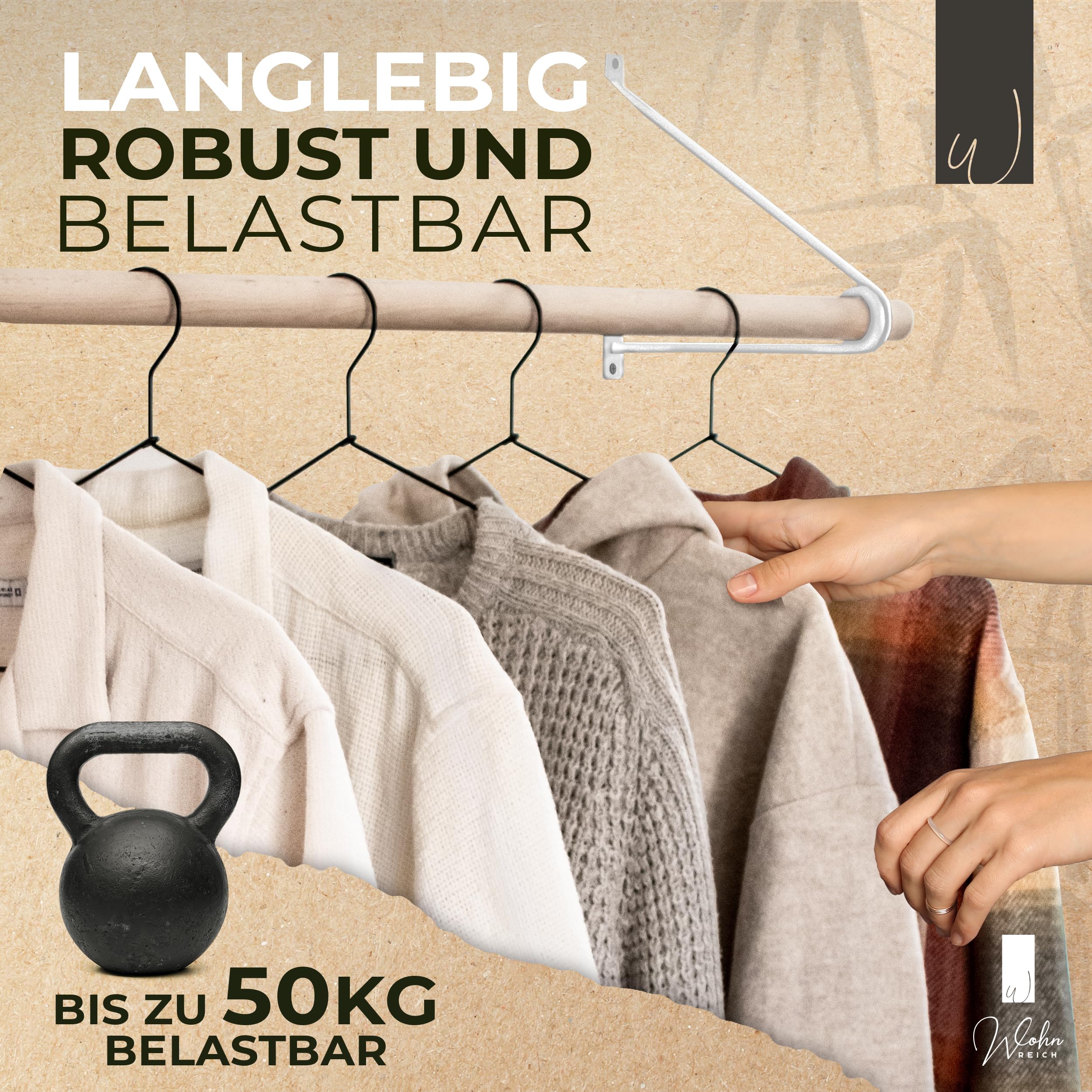 Kleiderstange Wandmontage [Verschiedene Längen & Farben] Länge 110cm Weiß | Wand-Garderobe Holz & Metall | Kleiderständer & Garderobenleiste | Flur Möbel im Industrial Stil | Deutsche Buche