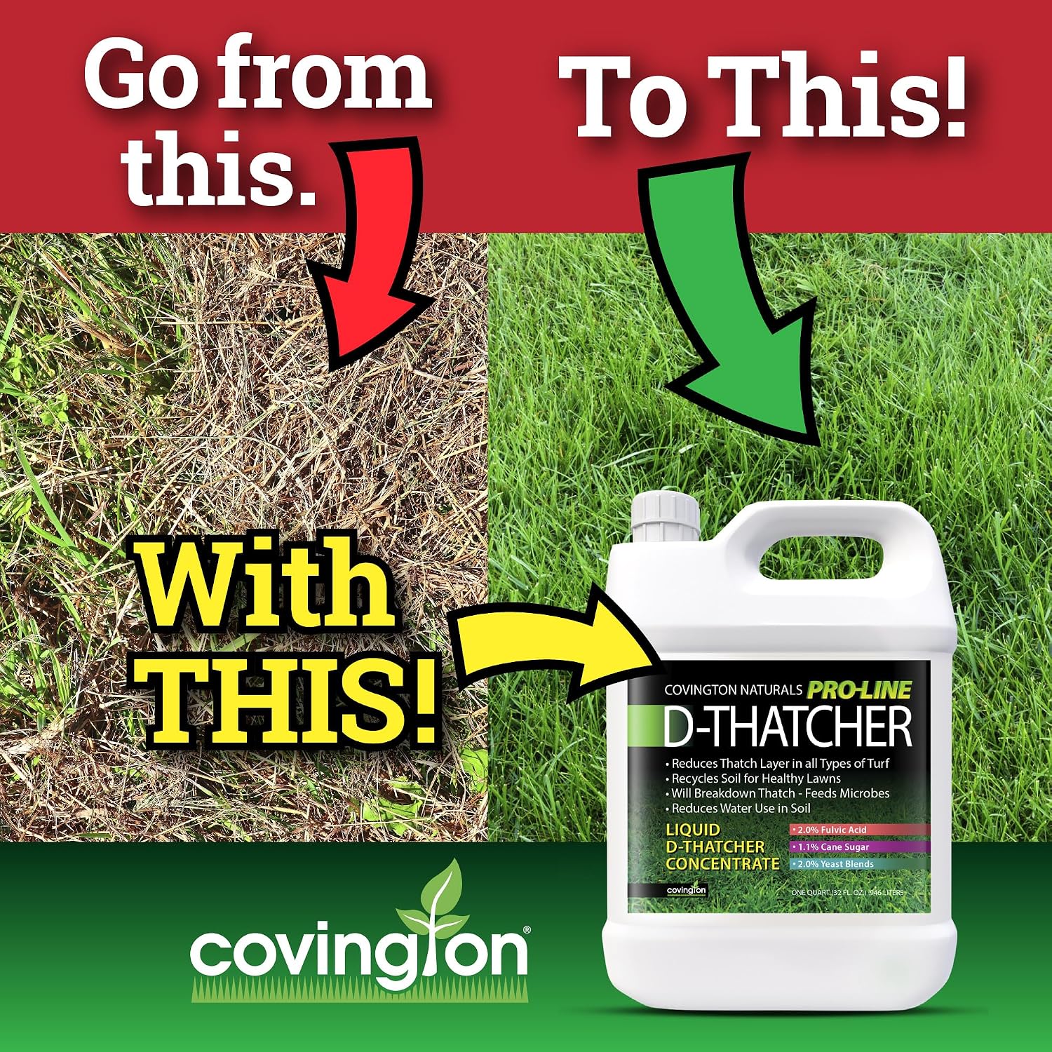 Covington PRO-LINE D-Thatcher Liquid Dethatcher (1 Gal) – Lawn Thatch Remover & Soil Softener, Grass Clipping Breakdown for Healthy Lawns & Gardens – Dethatcher and Aerator, Safe for Kids & Pets