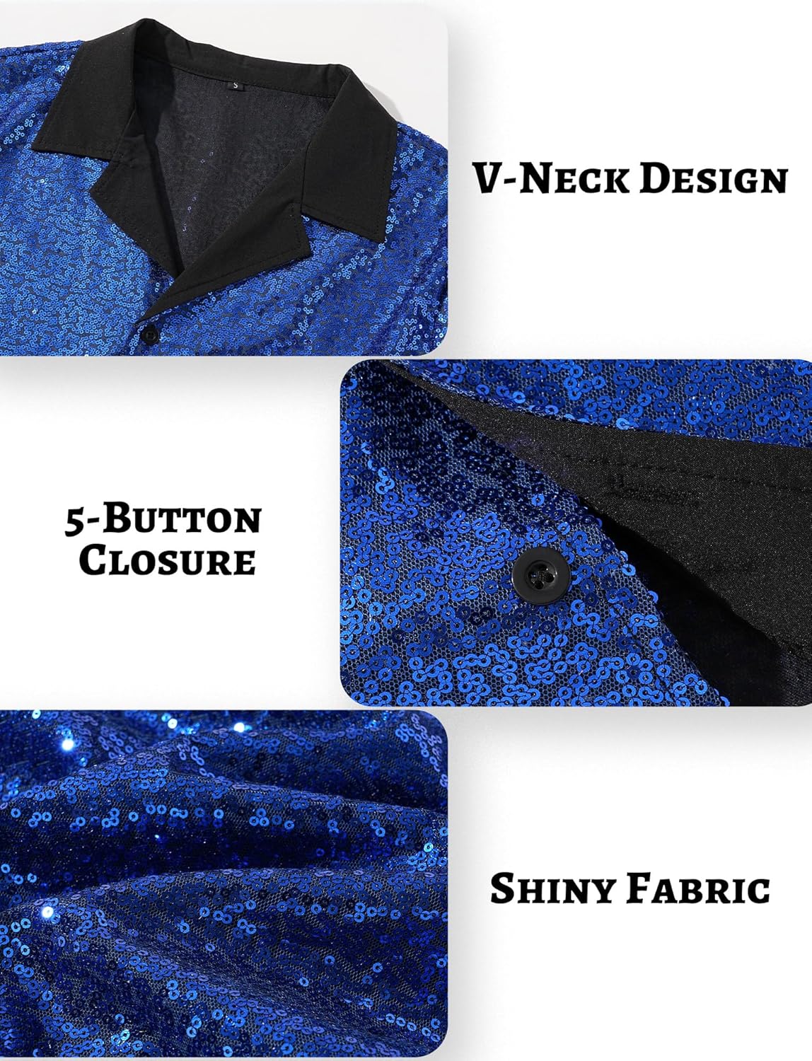 SEAUR Men's Sequin Shirt Short Sleeve V-Neck Sparkle Polo Button Down Shirts Disco Nightclub Outfit - Image 5