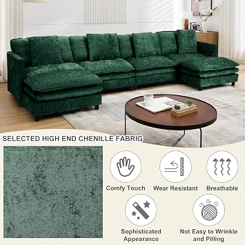Sectional Sofa Modular Deep Seat Sofa Couch with Ottoman, 143'' Chenille Sofa Sleeper Comfy Upholstered Furniture for Living Room, Apartment, Studio, Office (Green, 143.31- U Shape)
