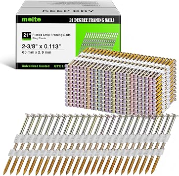 meite 21 Degree Framing Nails 2-3/8 Inch Ring Shank Plastic Collated Nails for Pneumatic Cordless Framing Nailer, Galvanized Full Round Head Framing Nails for Subfloors Decking Sheathing 1,000PCS | Full Round Head Plastic-collated Framing Nails, for 20-22 Pneumatic Cordless Nailer Gun, Pallets Crates Decking Sheathing
