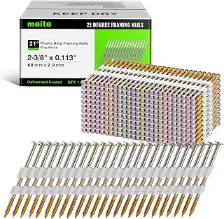 meite 21 Degree Framing Nails 2-3/8 Inch Ring Shank Plastic Collated Nails for Pneumatic Cordless Framing Nailer, Galvanized Full Round Head Framing Nails for Subfloors Decking Sheathing 1,000PCS