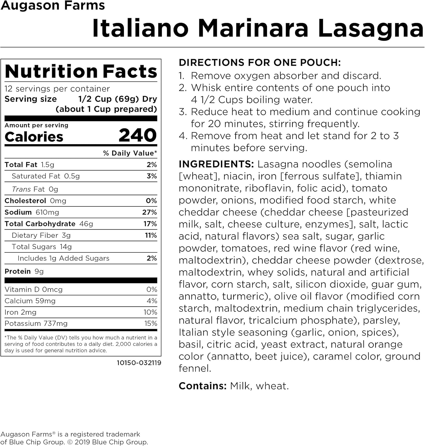 Augason Farms Italiano Marinara Lasagna Super CAN with 3 Pouches, 29.2 Oz