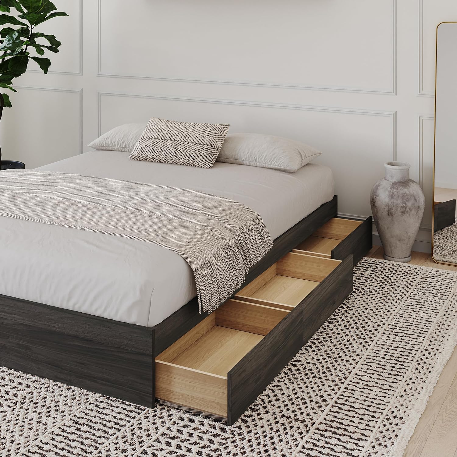 Nexera Grey Queen Size Storage Platform Bed, 3-Drawer, Bark