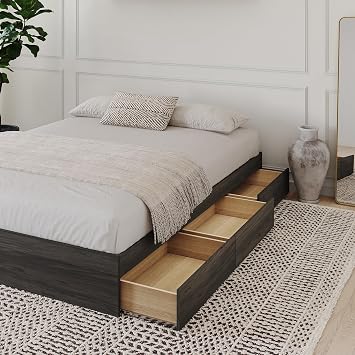Nexera Grey Queen Size Storage Platform Bed, 3-Drawer, Bark