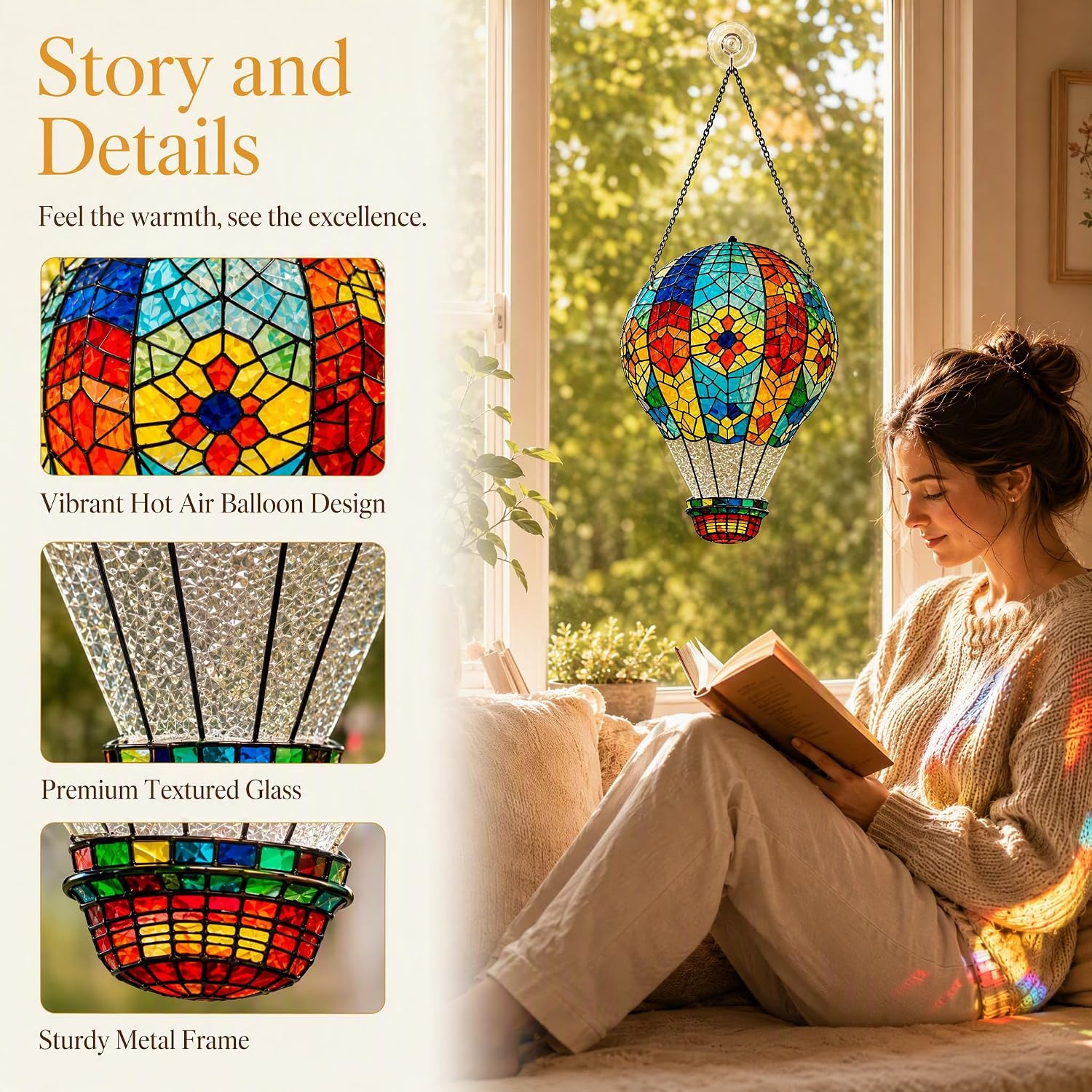 Hot Air Balloon Stained Glass Window Hanging, Mosaic Pattern Diamond Glass Suncatcher Decor for Window Patio Home, Unique Birthday Gifts for Women Mom, 9.8 x 7 in image 4