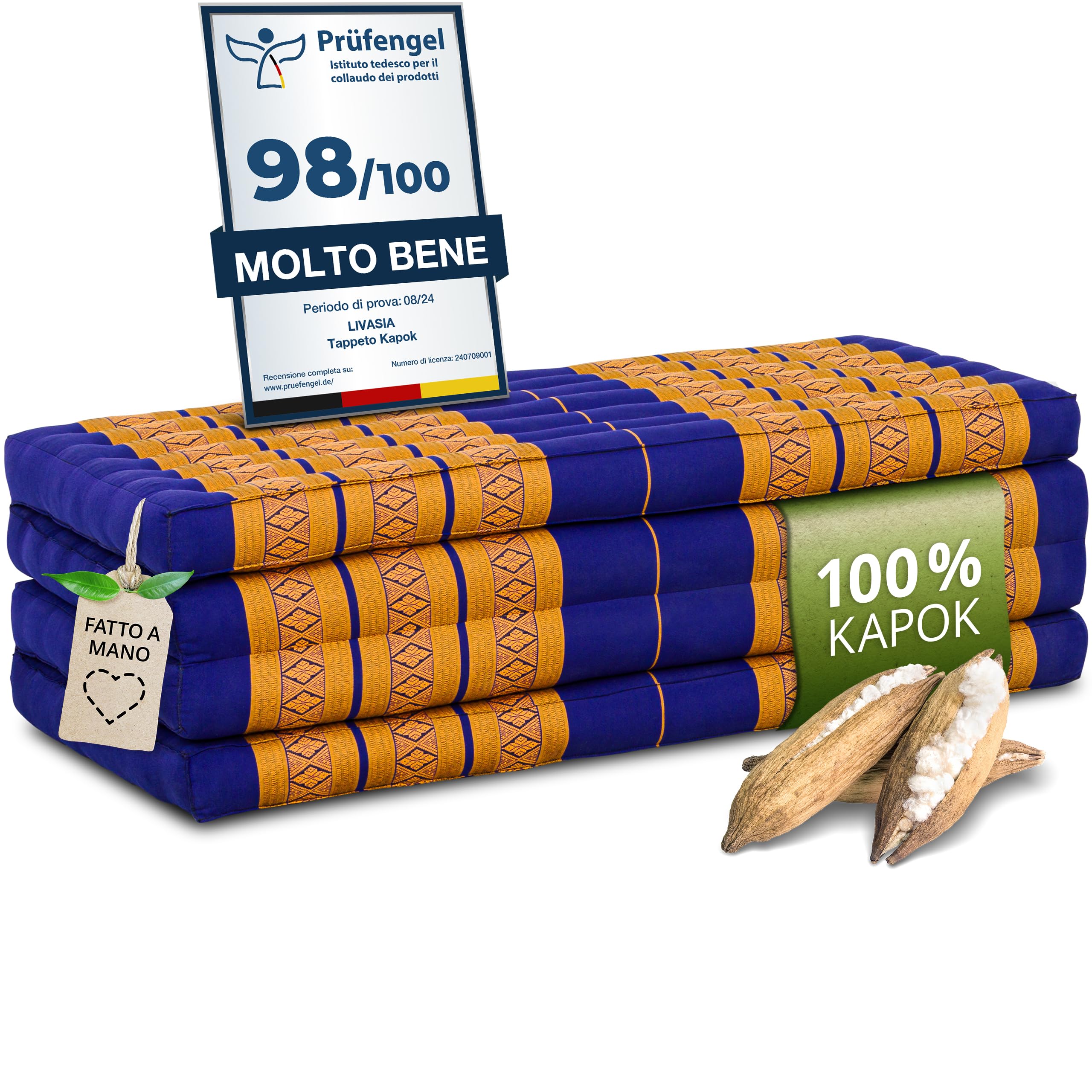 livasia Materasso pieghevole sostenibile in kapok - 200x110x8cm - materasso largo per gli ospiti, materasso pieghevole, tappetino yoga, letto per gli ospiti, lettino giardino balcone (Blu/Giallo)