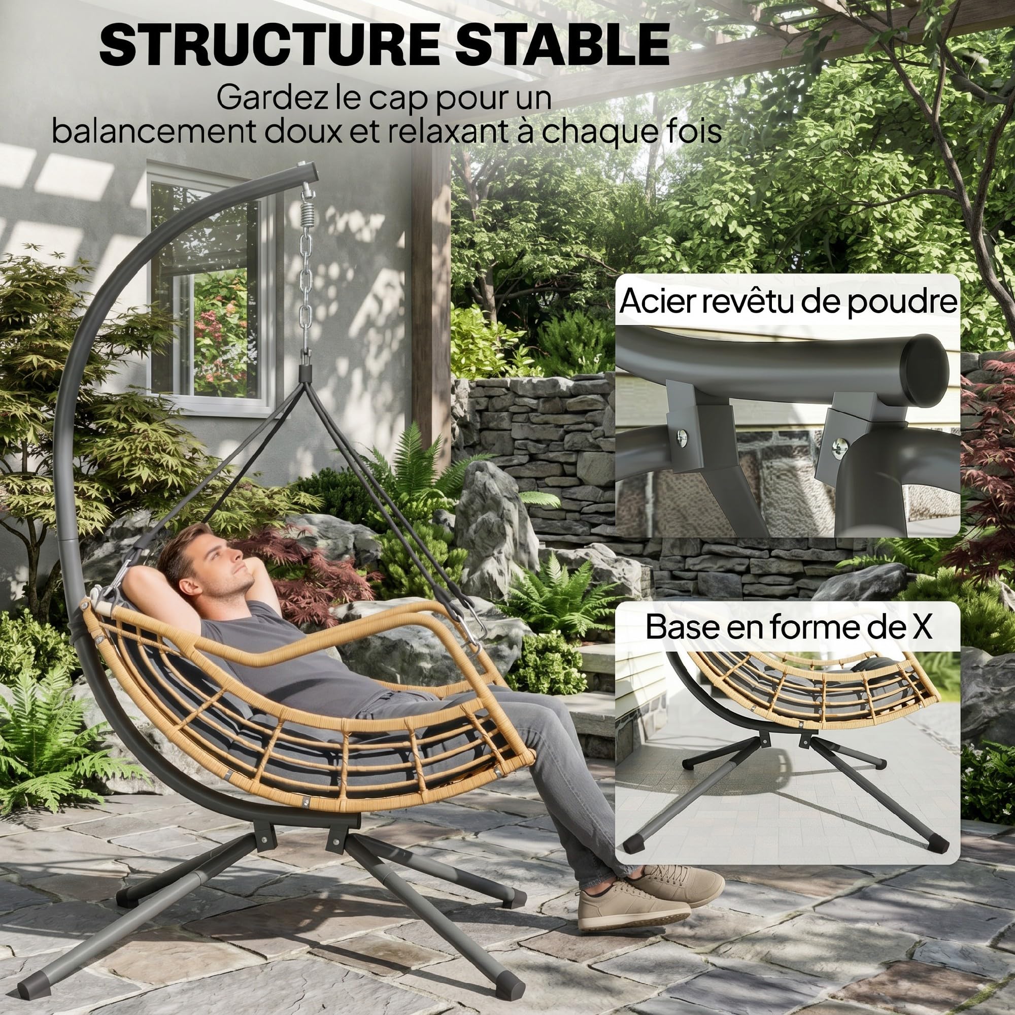 Outsunny Fauteuil Suspendu en Résine Tressée avec Support Coussin Gris