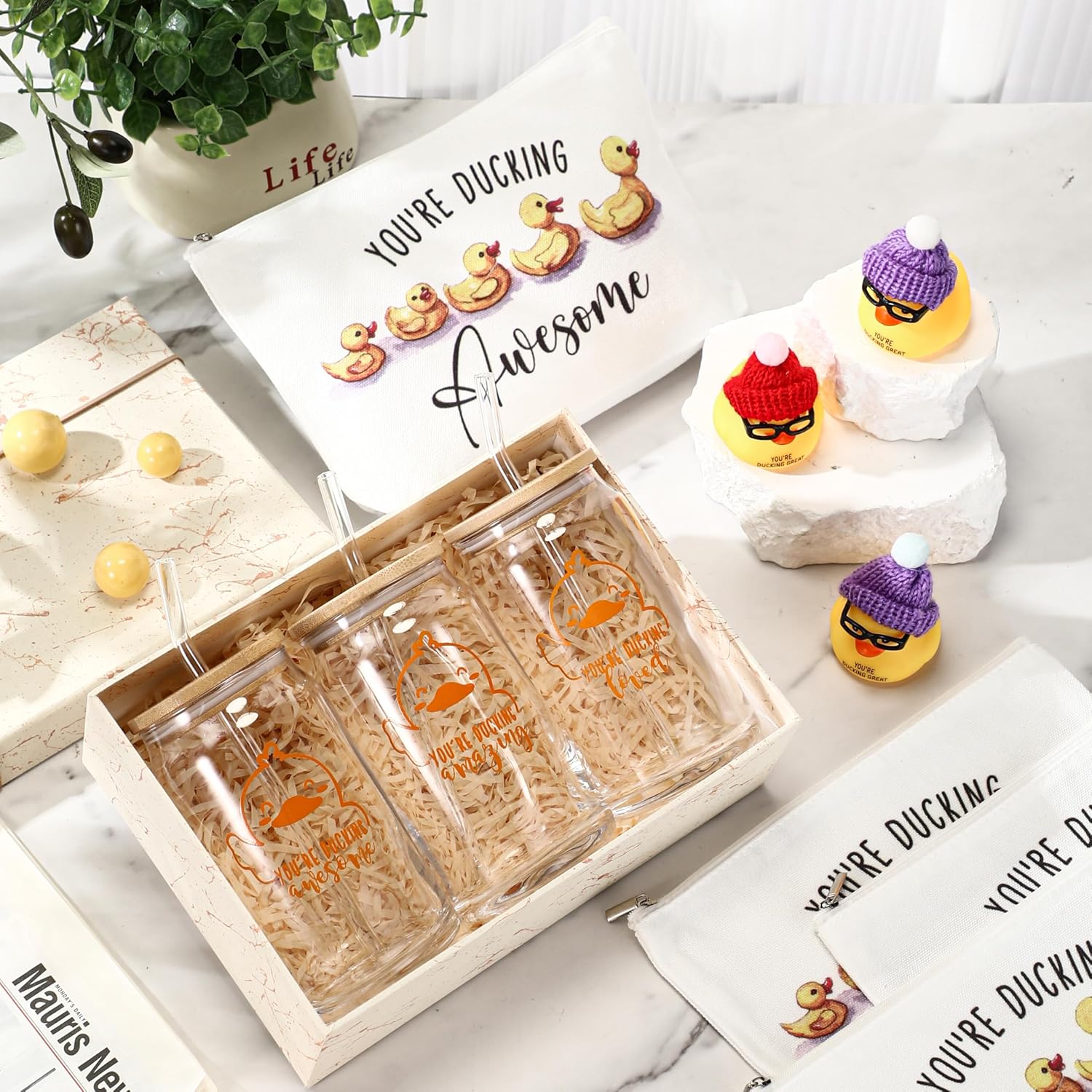 Tioncy Duck Theme Inspirational Gift Set Duck Lovers Thank You Gifts Glass Coffee Tumbler with Lid and Straw Canvas Makeup Bag for Staff Teacher Employee Gifts(9 Pcs,Stylish) - Image 5
