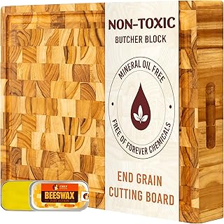 Large Teak Wood Cutting Board, End Grain Butcher Block for Kitchen, Big Wooden Kitchen Christmas, Thanksgiving Gifts for Hostess, Reversible, Hand Grips, Size 15.8x11x1.37 inch