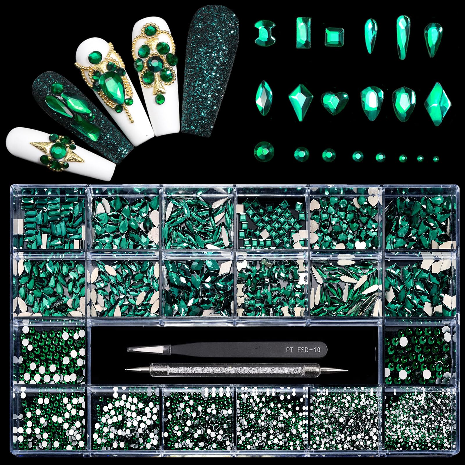 12 Types of Green 600 Diamonds + 2500 Flat Rhinestones Mix 20 Styles Flatback DIY Crafts Rhinestone Crystals 3D Decorations Flat Back Stones Set +Tweezers + Drill Pen