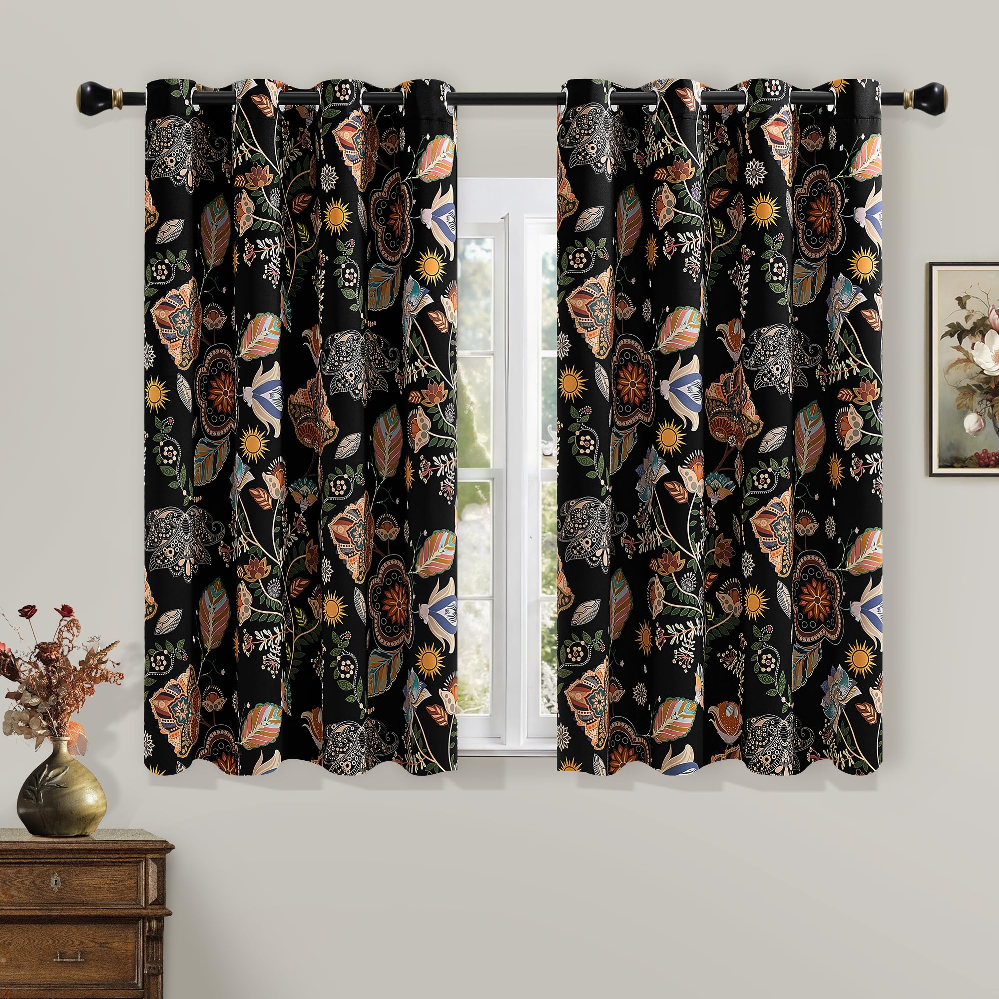 XiDi Black Floral Blackout Curtains 54 Inches Long 2 Panels Thermal Insulated Grommet Small Window Bathroom Kitchen Energy Saving Black52/54 — image 1