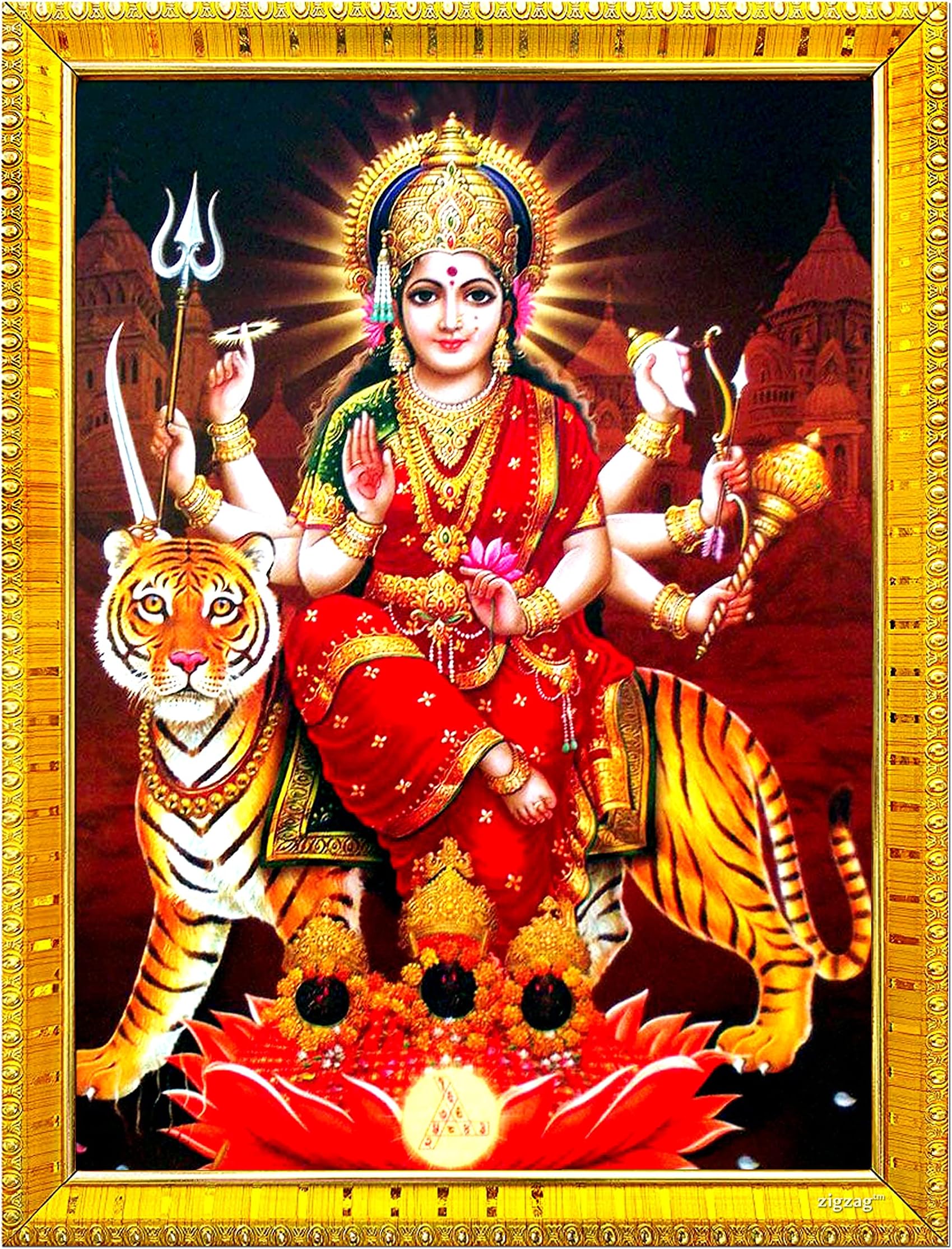 zig zag Durga Maa Photo Frame For Wall / Rectangular Table / Pooja Room ( 7x9 inches, Acrylic Glass)Golden