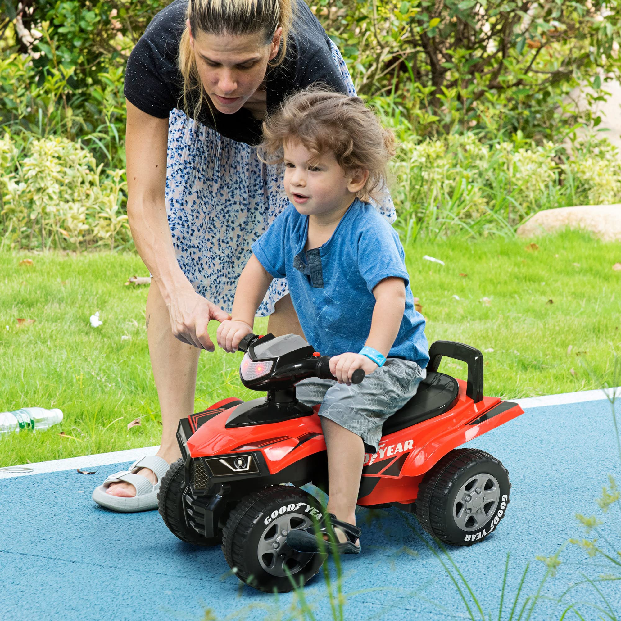 HOMCOM Quad Giocattolo per Bambini 18-36 Mesi con Licenza GOODYEAR con Luci e Suoni Realistici, Rosso e Nero, 60x31x42cm