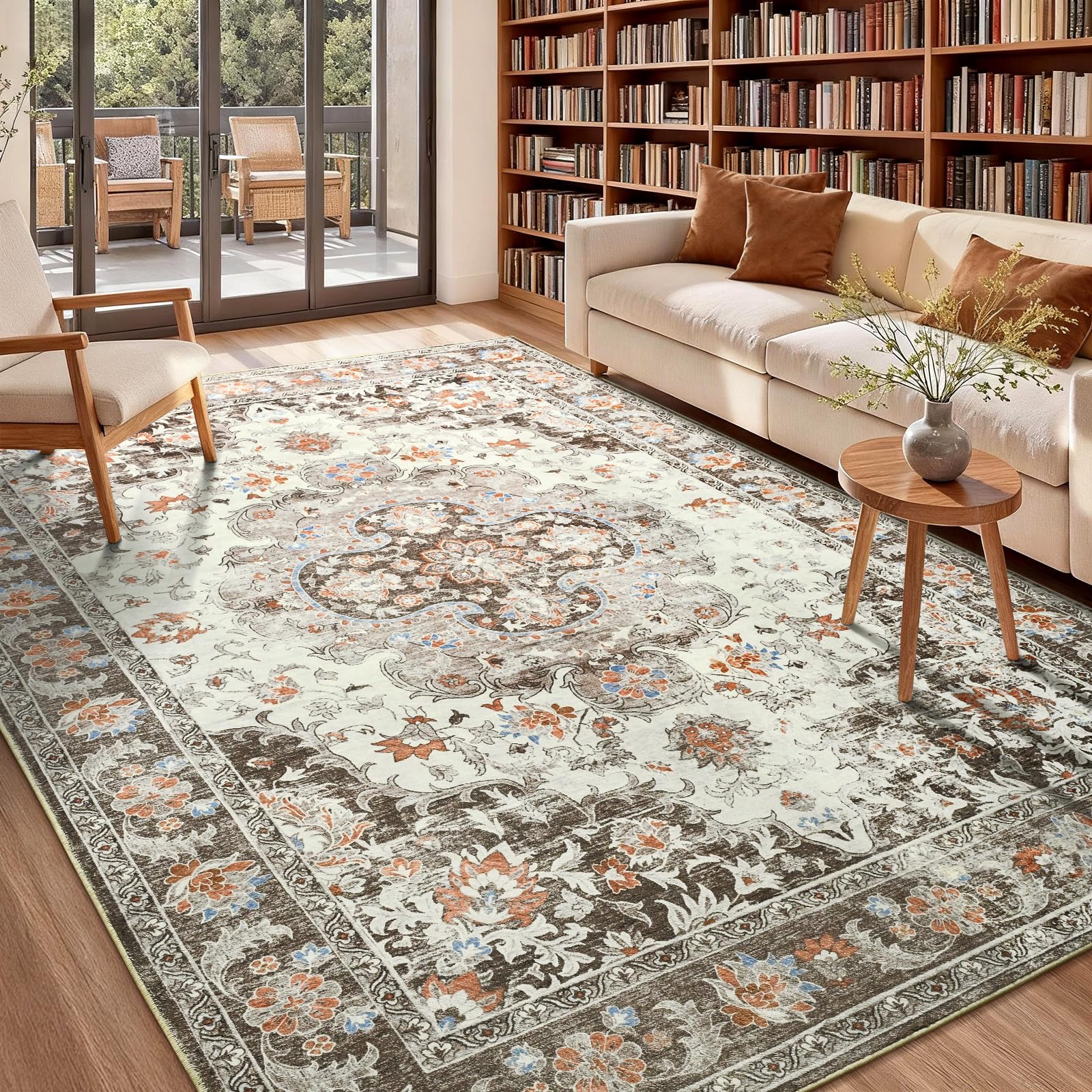 Opreine 5x7 Area Rug for Living Room, Machine Washable Rugs with Non-Slip Backing for Bedroom, Vintage Throw Rugs Low Pile Carpet for Dining Room