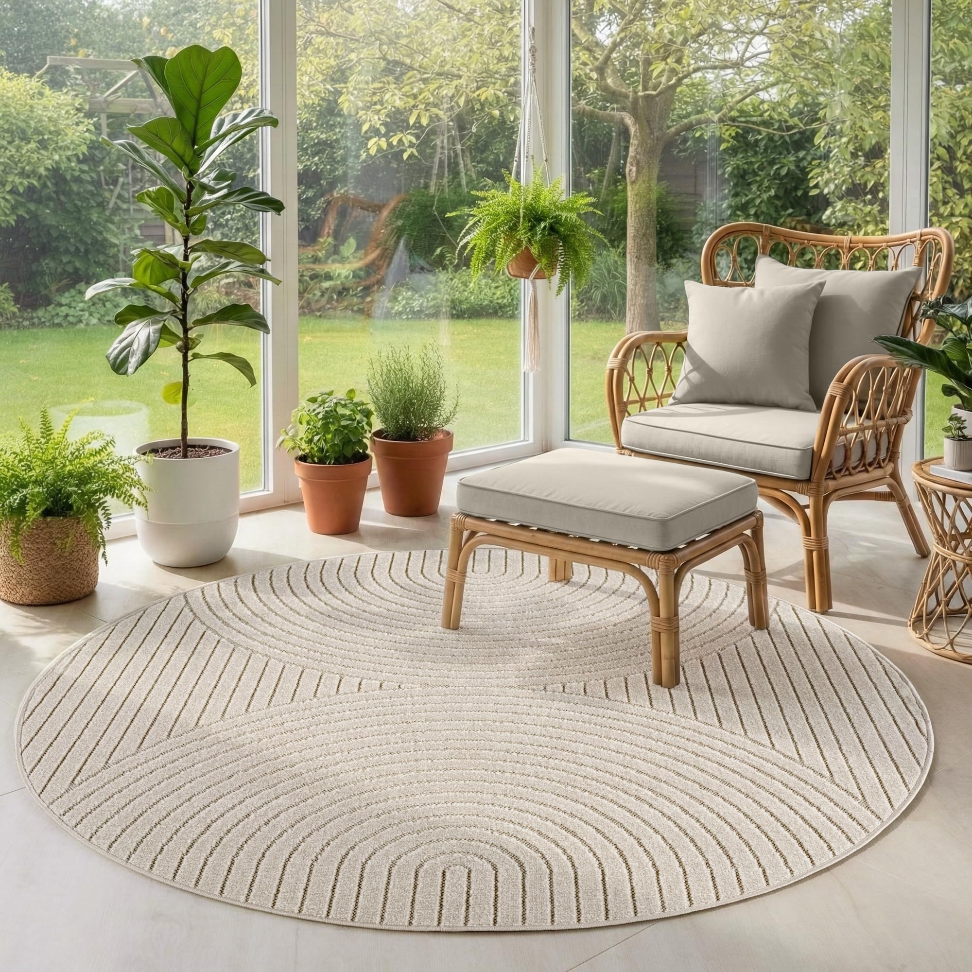 SIMPEX Kurzflor Teppich Rund 160 cm Creme, Hoch Tief Effekt, Skandi Boho Teppich für Wohnzimmer Schlafzimmer, Terrasse Balkon Indoor Outdoor