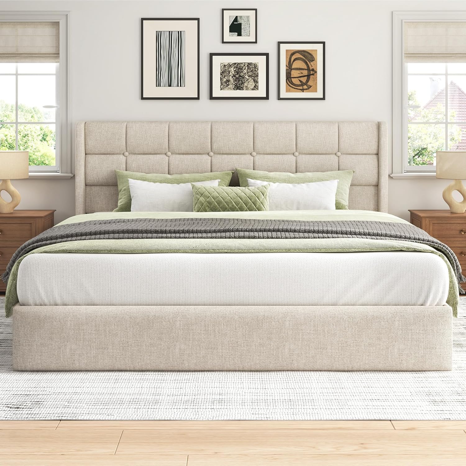 Lifezone King Lift Up Storage Bed Frame, Linen Upholstered Platform with Button Tufted Wingback Headboard, Under-Bed Storage, Hydraulic Support, No Box Spring Needed, Shipped in 2 Boxes, Beige