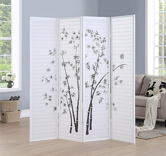 Roundhill Bamboo Print 4-Panel Framed Room Screen/Divider, white - White - 4 panel - Divider