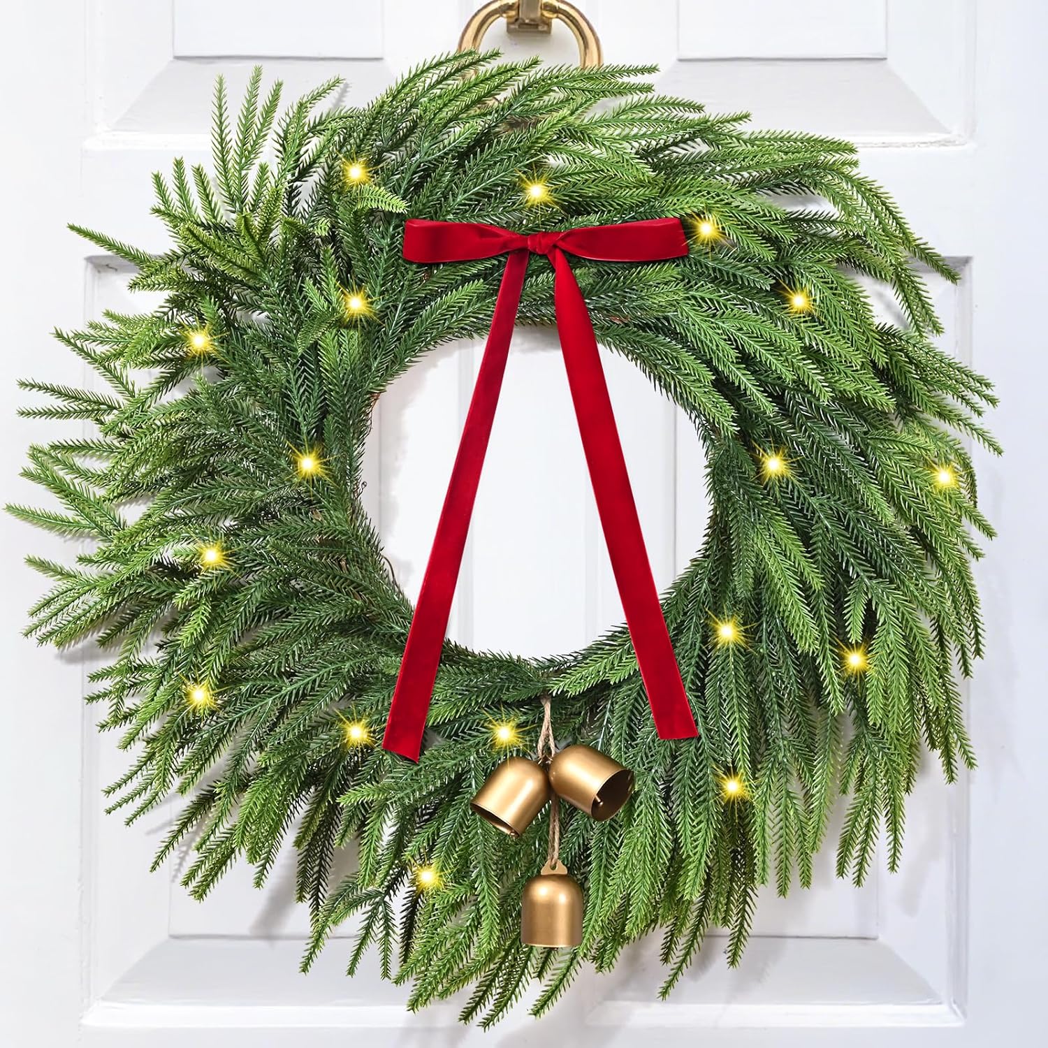 christmas wreaths for front door - 24 inch christmas wreath with lights, real touch norfolk pine wreath with cow bell and bow for home door window wall indoor outdoor christmas decoration 1 pack
