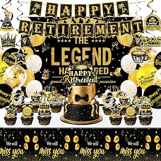 Retirement Party Decorations Black Gold Decor Kit with Happy Retirement Banner, Backdrop, Tablecloth, Confetti Balloons & Cake Toppers for Retirement Celebration