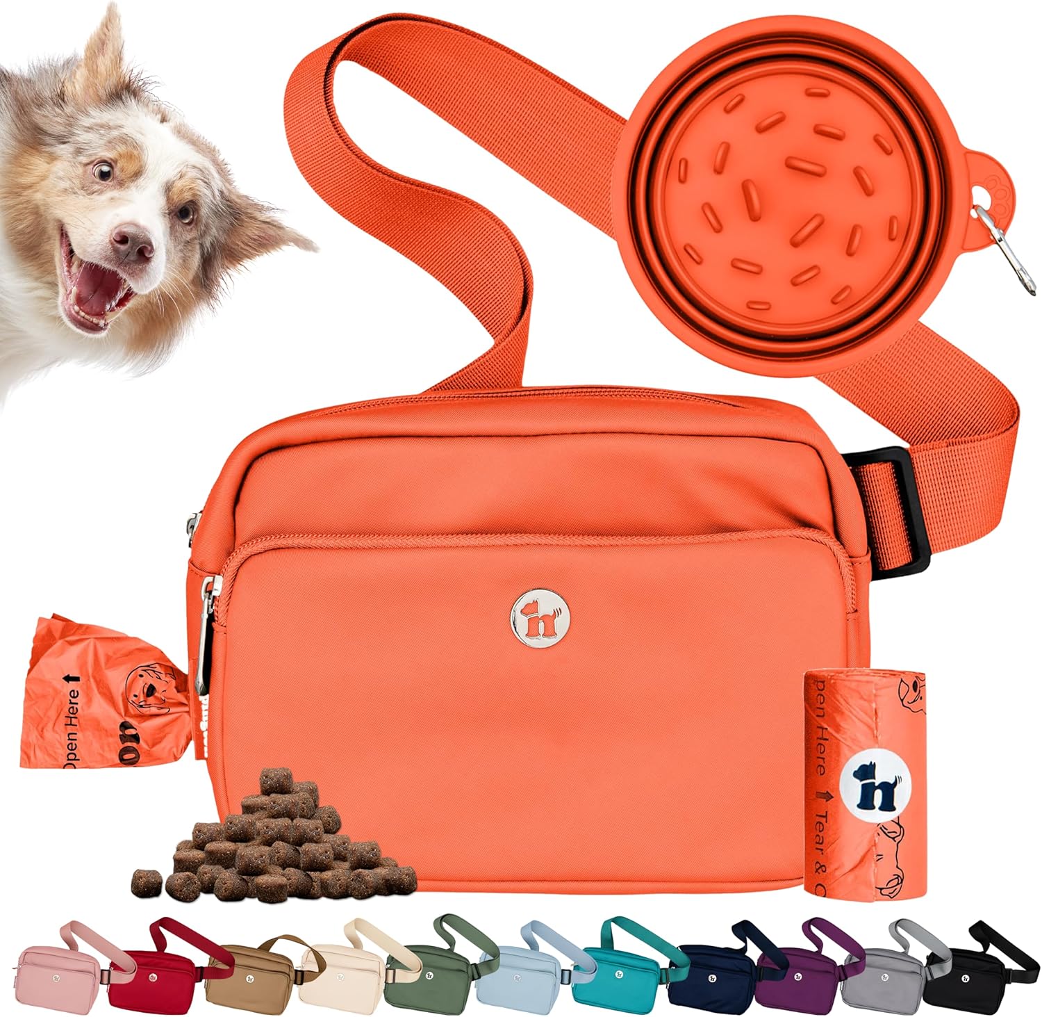 Puppington 3-in-1 Crossbody & Dog Treat Pouch for Pet Training - Matching Compostable Poop Bags, Built-In Poop Bag Dispenser & Slow-Feeding Travel Dog Bowl - Dog Walking Bag (Poppy Orange)